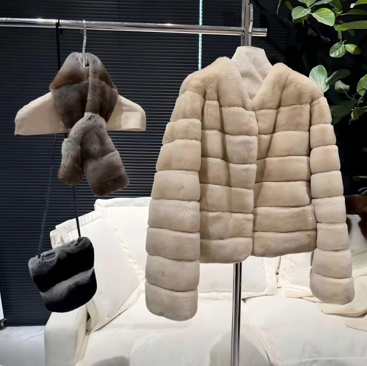 Women's Winter "Quiet Luxury" Style Milk-Tea Colored Rabbit Fur Jacket – Short, Plush, Stand-Collar Coat with Vertical & Horizontal Stripes (Figure-Flattering/Height-Enhancing)
