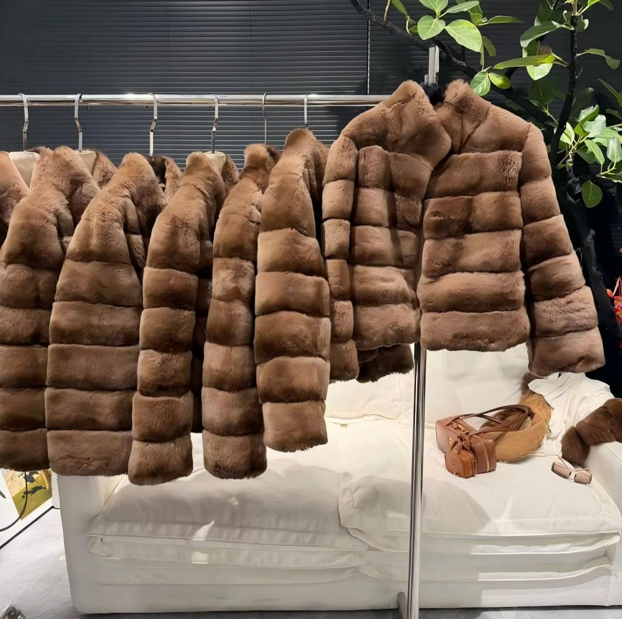 Retro chocolate-brown pieced rex rabbit fur jacket; a soft, plush, short-style coat featuring a minimalist stand collar that offers a sleek, non-bulky fit.