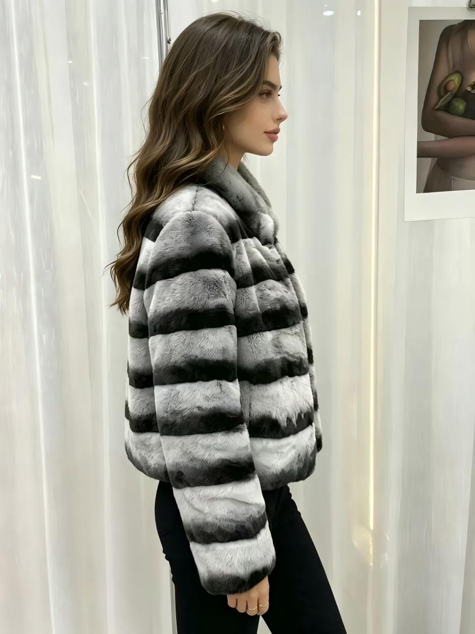 Premium Rex Rabbit Fur Coat with Chinchilla-Style Markings – Horizontal Panel Design, Stand Collar, Cropped Fit – Affordable Luxury Winter Outerwear