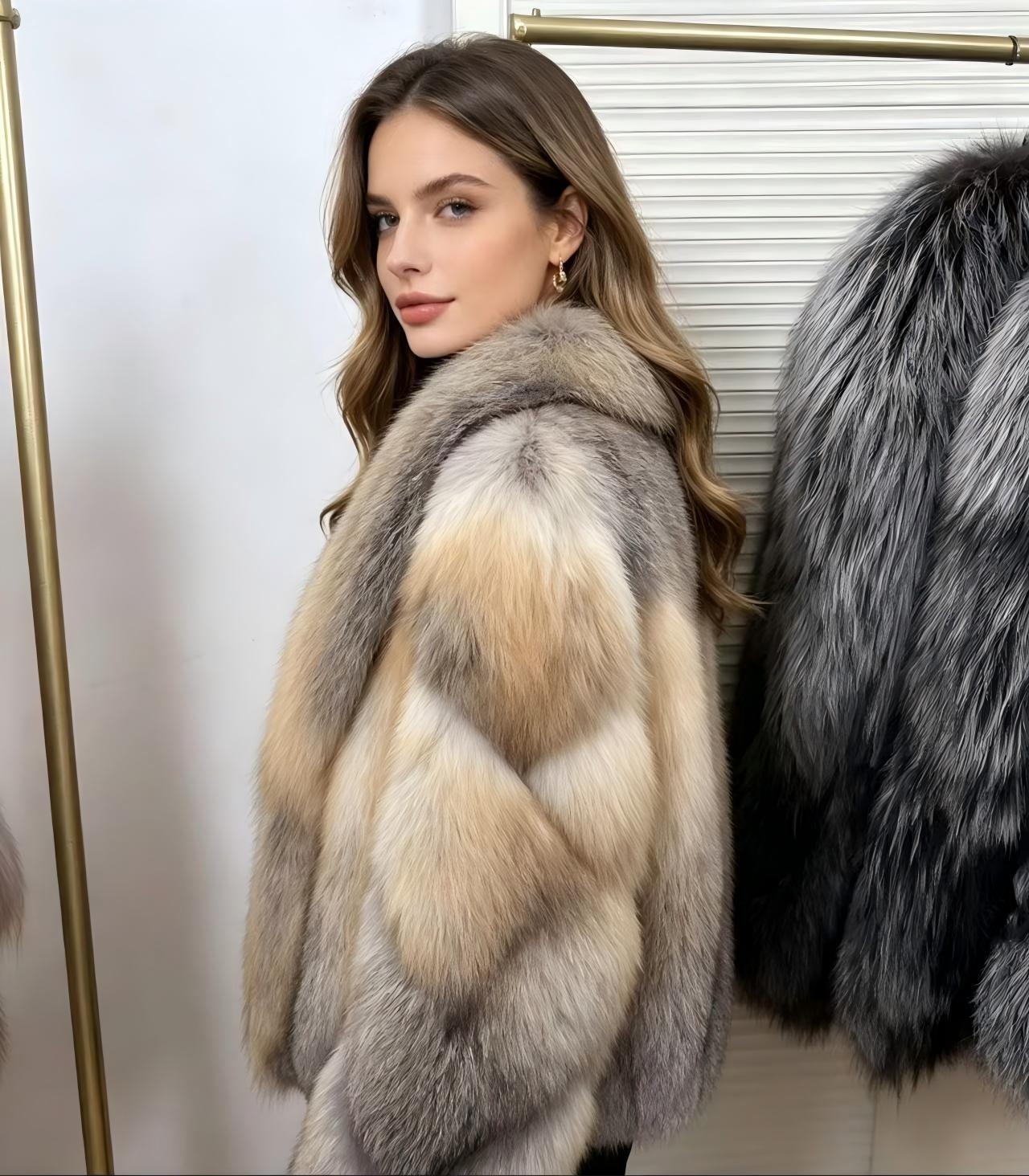 Vintage-style "Socialite" look short jacket in Golden Island Fox fur; features thick, warm, integrated whole-skin construction for winter wear.