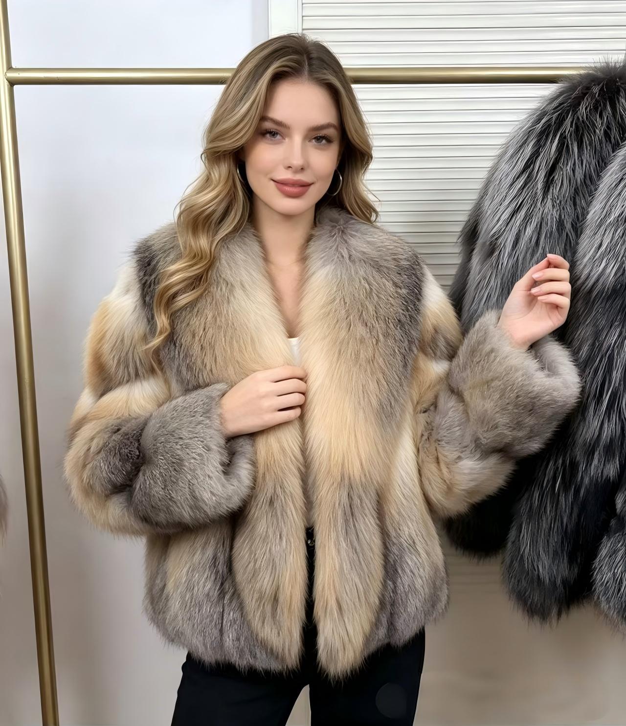 Vintage-style "Socialite" look short jacket in Golden Island Fox fur; features thick, warm, integrated whole-skin construction for winter wear.