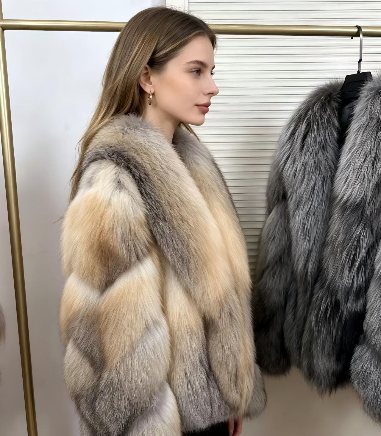 Vintage-style "Socialite" look short jacket in Golden Island Fox fur; features thick, warm, integrated whole-skin construction for winter wear.
