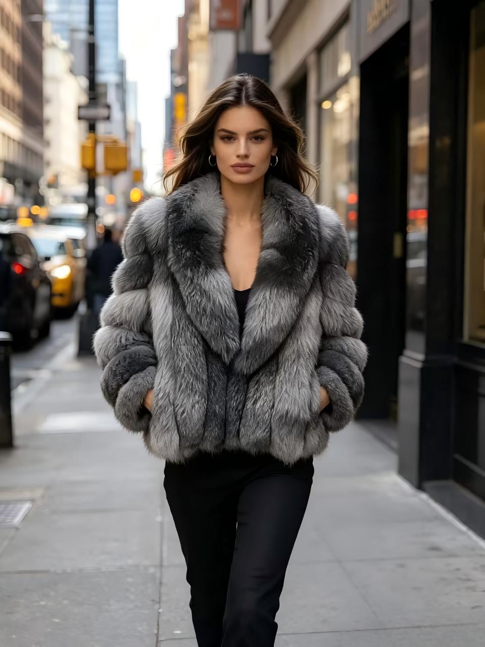 Cool-toned gradient silver fox fur jacket—featuring a deep V-neck, loose fit, dropped shoulders, and premium full-pelt fox back fur; a winter piece offering affordable luxury.