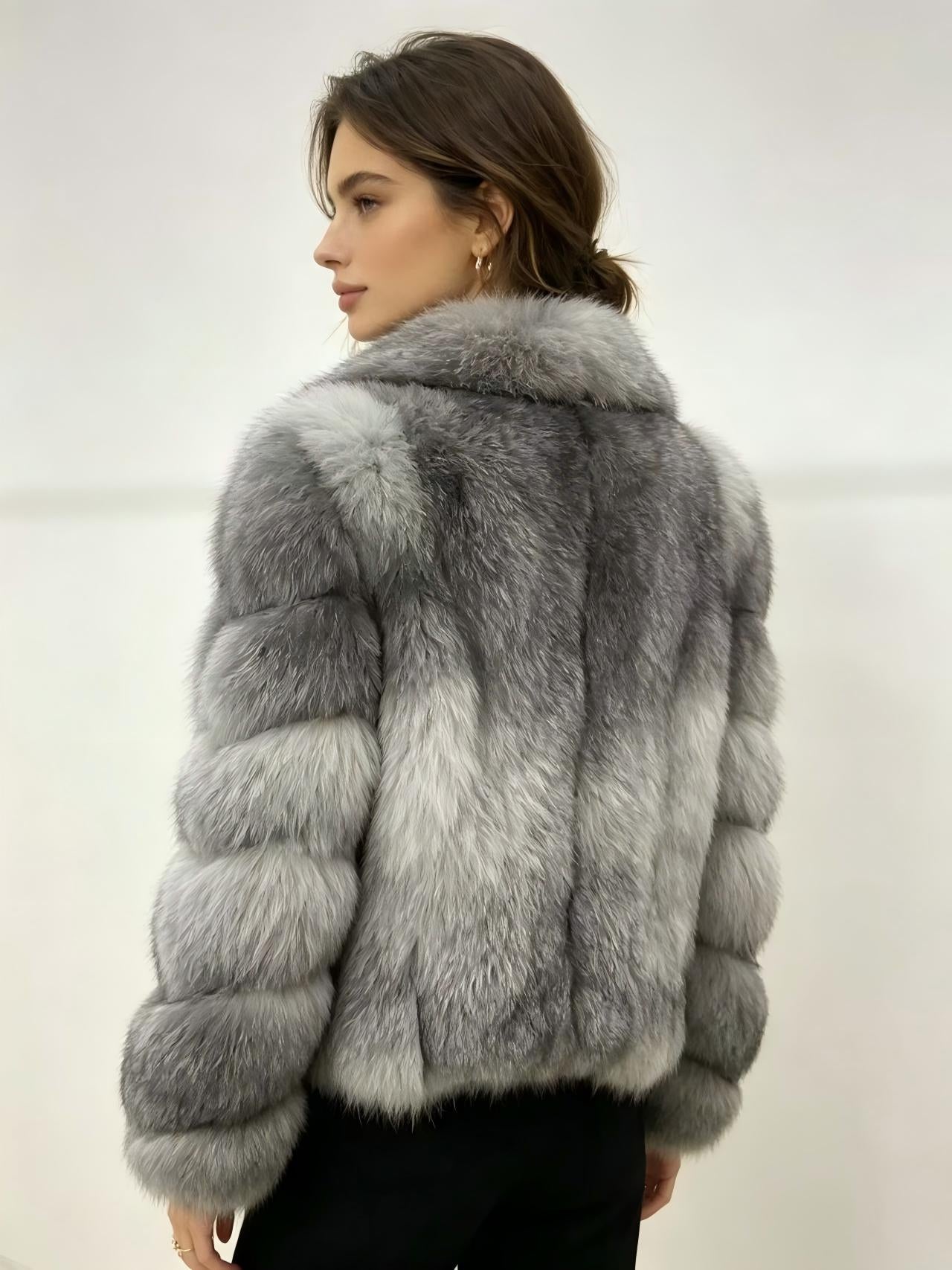 Cool-toned gradient silver fox fur jacket—featuring a deep V-neck, loose fit, dropped shoulders, and premium full-pelt fox back fur; a winter piece offering affordable luxury.