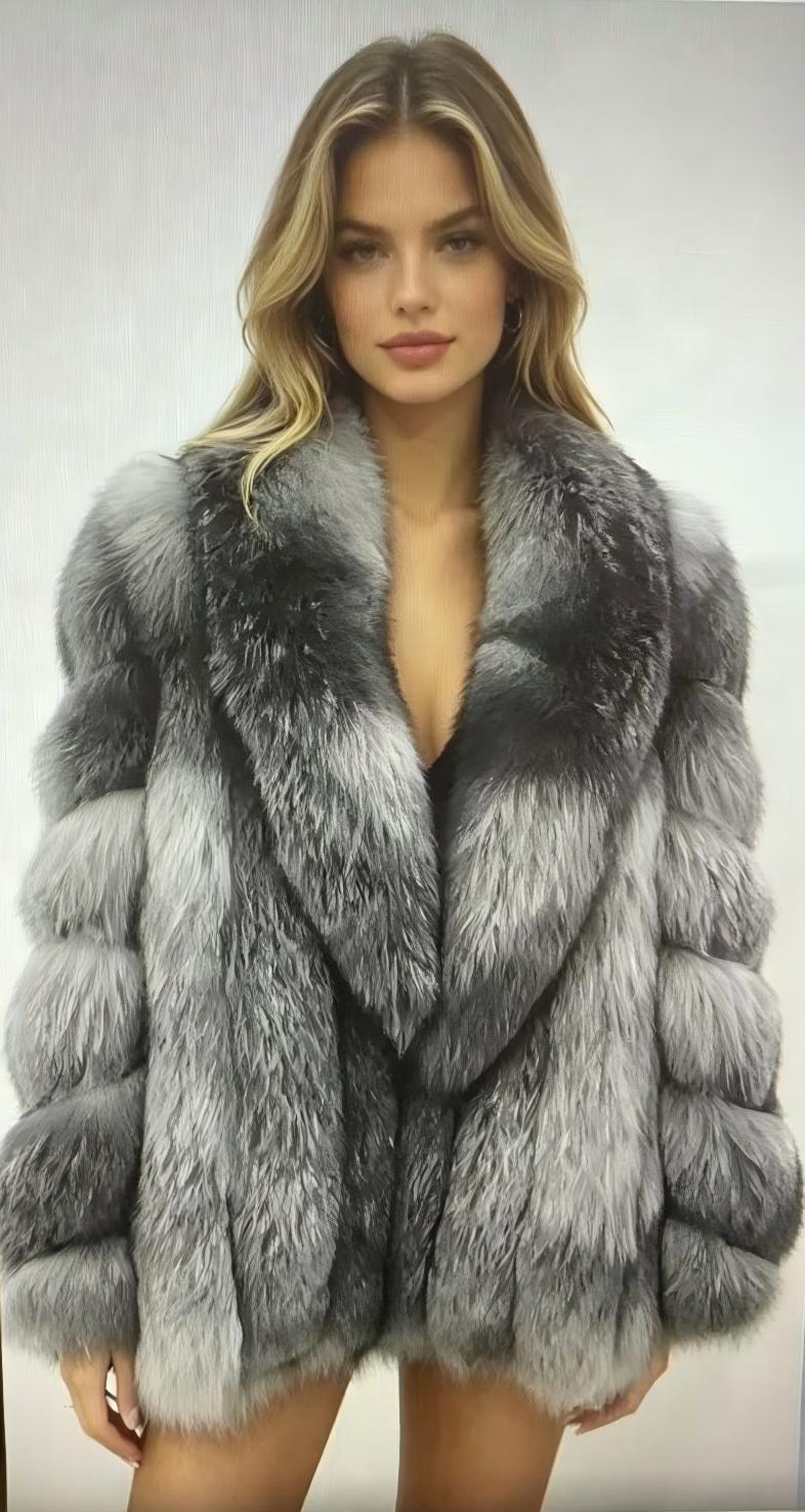 Cool-toned gradient silver fox fur jacket—featuring a deep V-neck, loose fit, dropped shoulders, and premium full-pelt fox back fur; a winter piece offering affordable luxury.