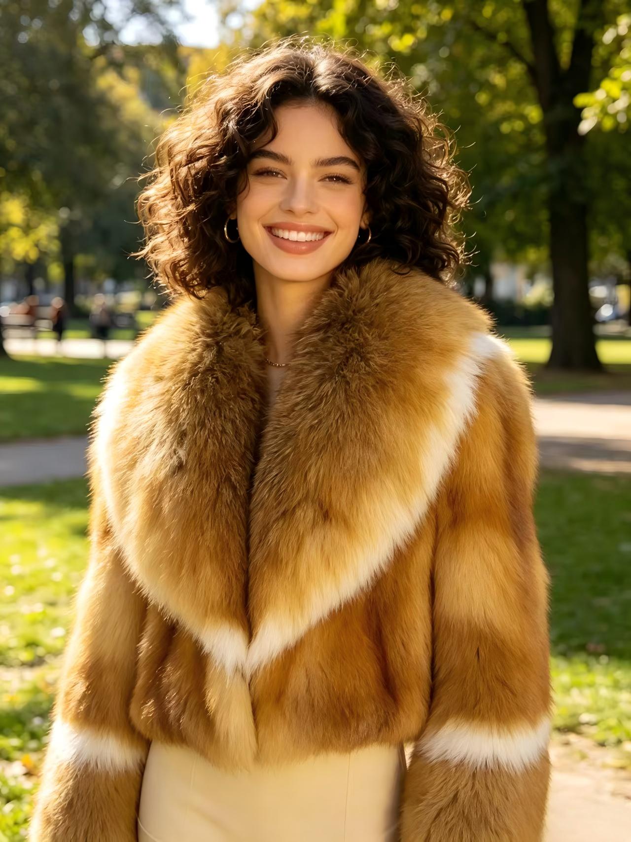 High-loft, ombre-gold fox fur cropped jacket; a warm, loose-fitting, dropped-shoulder fur coat with an affluent, high-society aesthetic.
