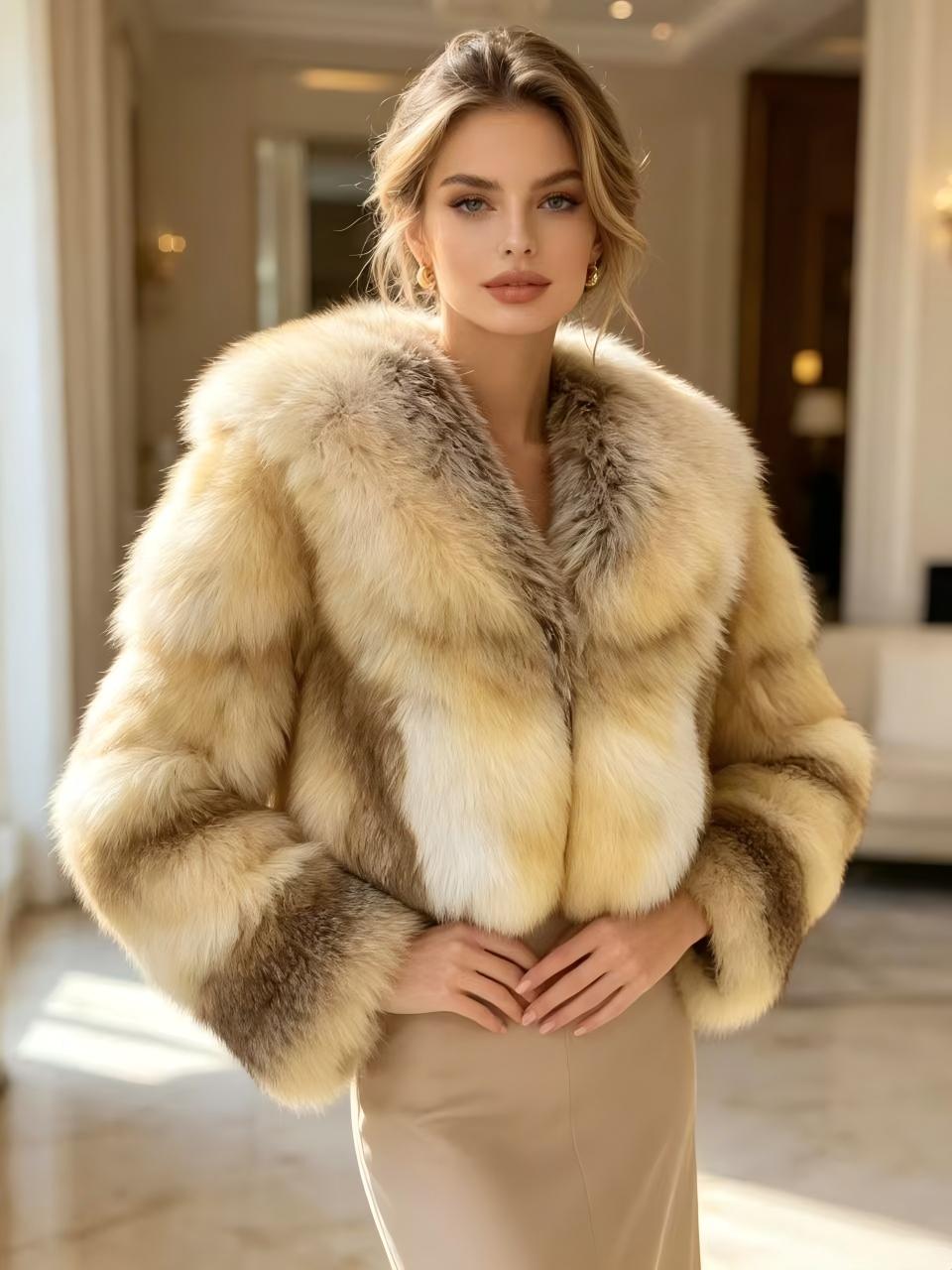 High-end natural gradient fox fur top; a chic, thick, cropped plush coat for a trendy Western-style look—perfect for winter.