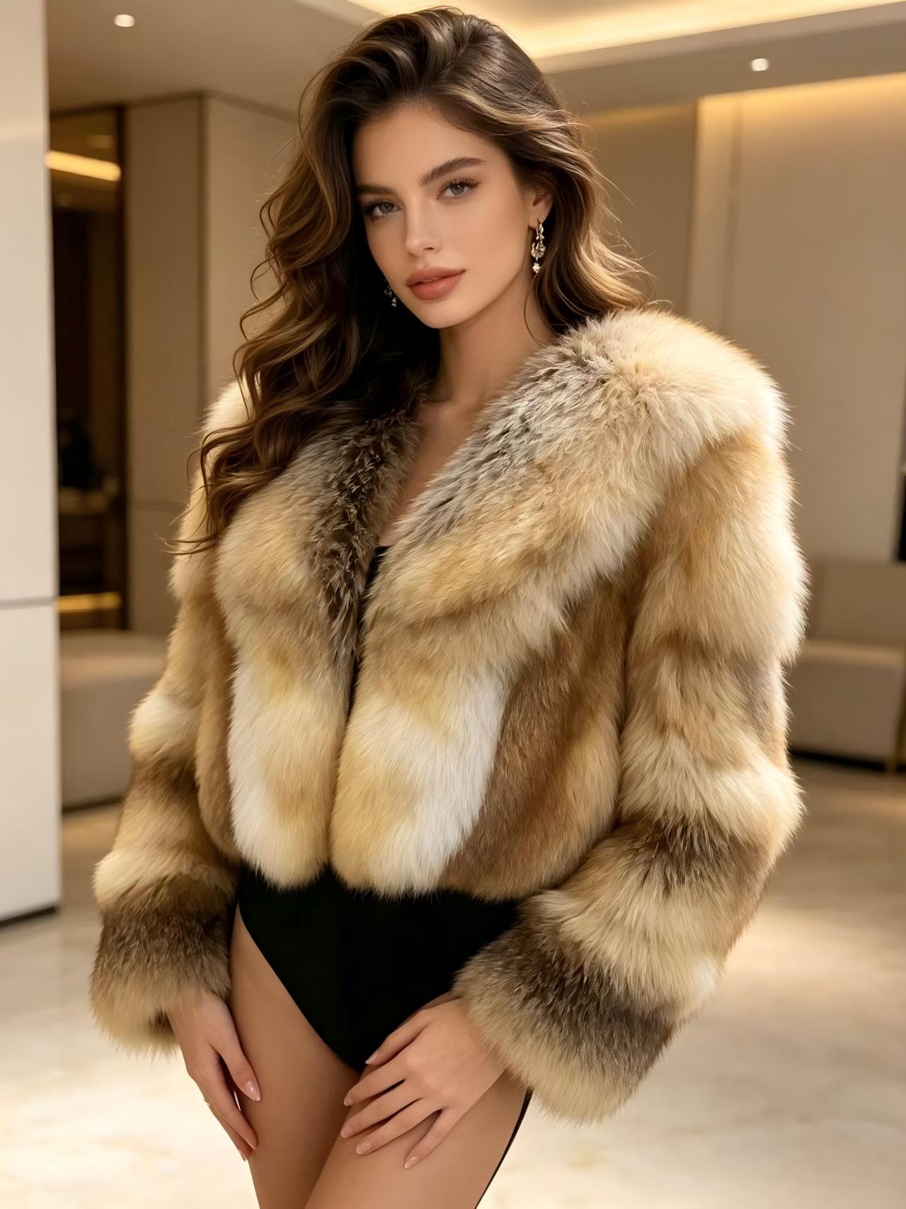 High-end natural gradient fox fur top; a chic, thick, cropped plush coat for a trendy Western-style look—perfect for winter.