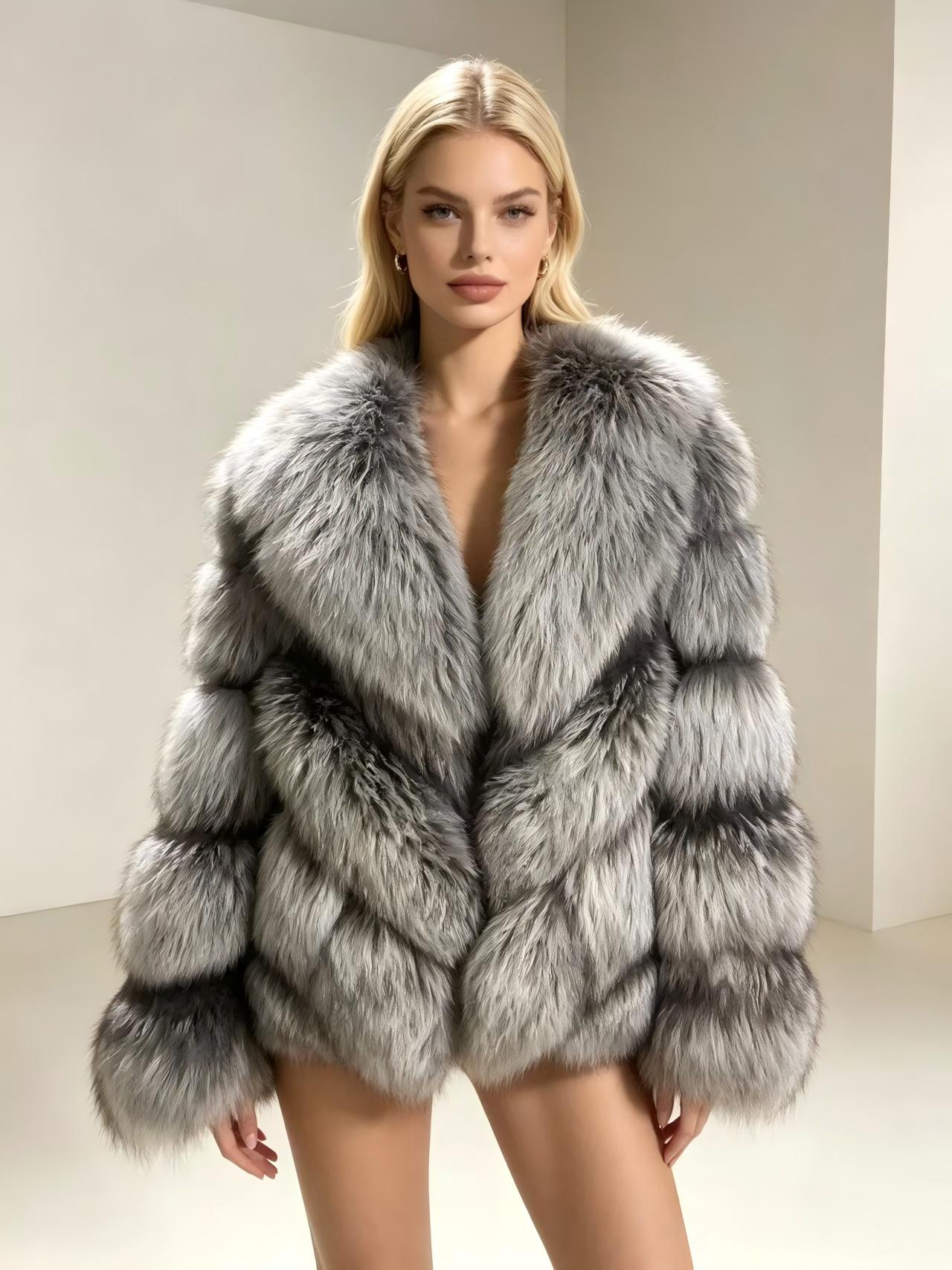 Women's cropped fur coat in natural silver-grey gradient fox fur; features a deep V-notch collar and a slimming cut crafted from whole-skin fox fur.