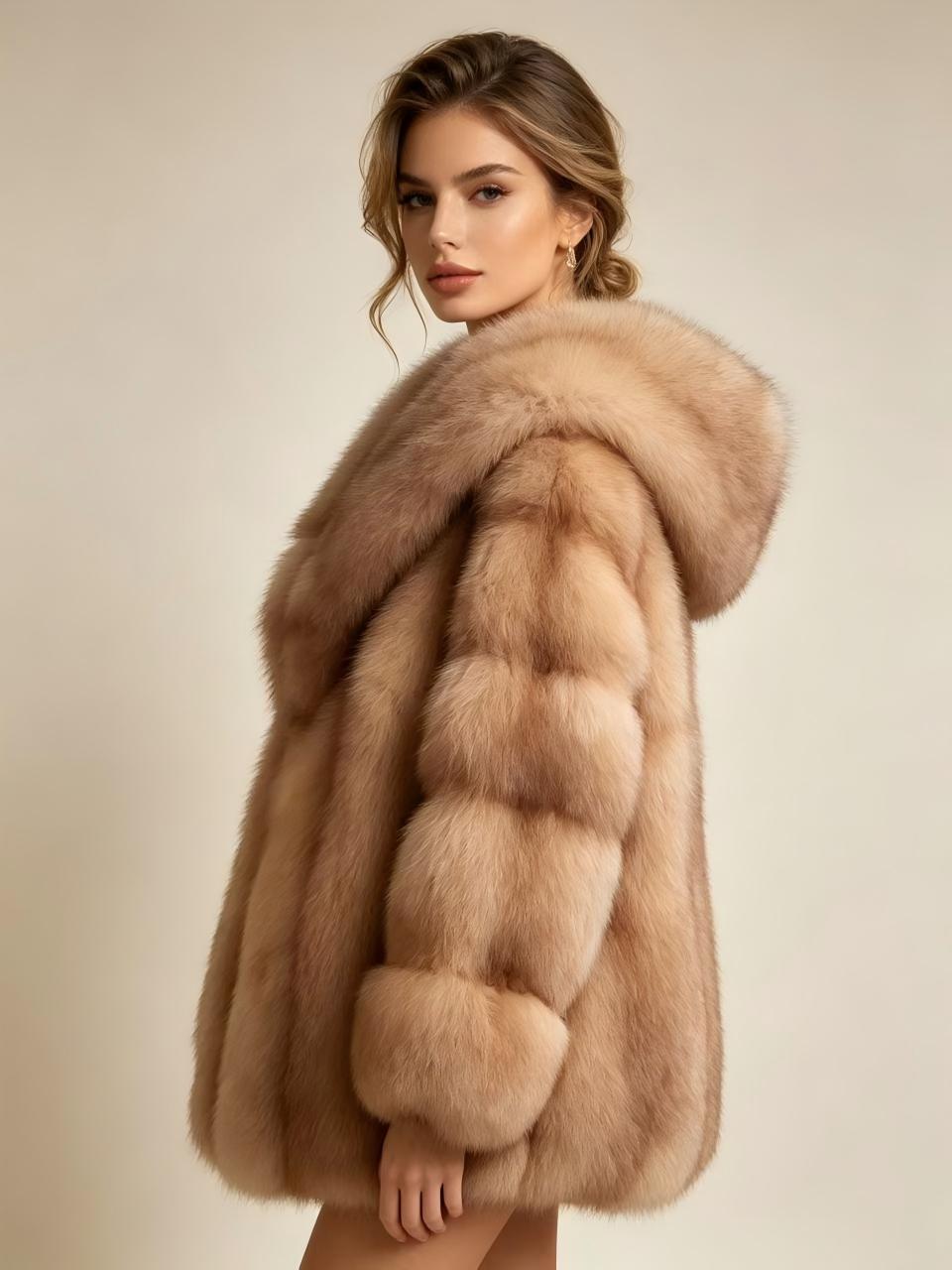 Vintage Thick Warm Fox Fur Overcoat Big Lapel Luxury Fur Jacket