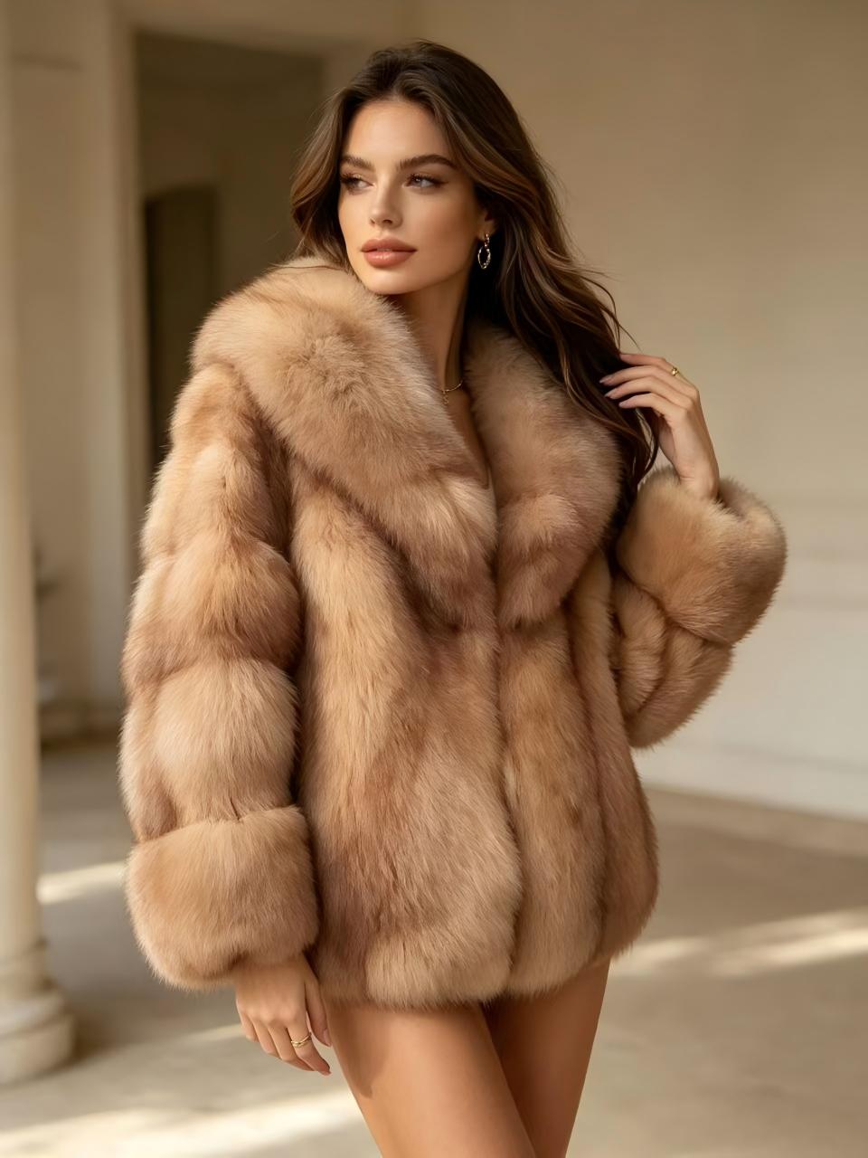 Vintage Thick Warm Fox Fur Overcoat Big Lapel Luxury Fur Jacket