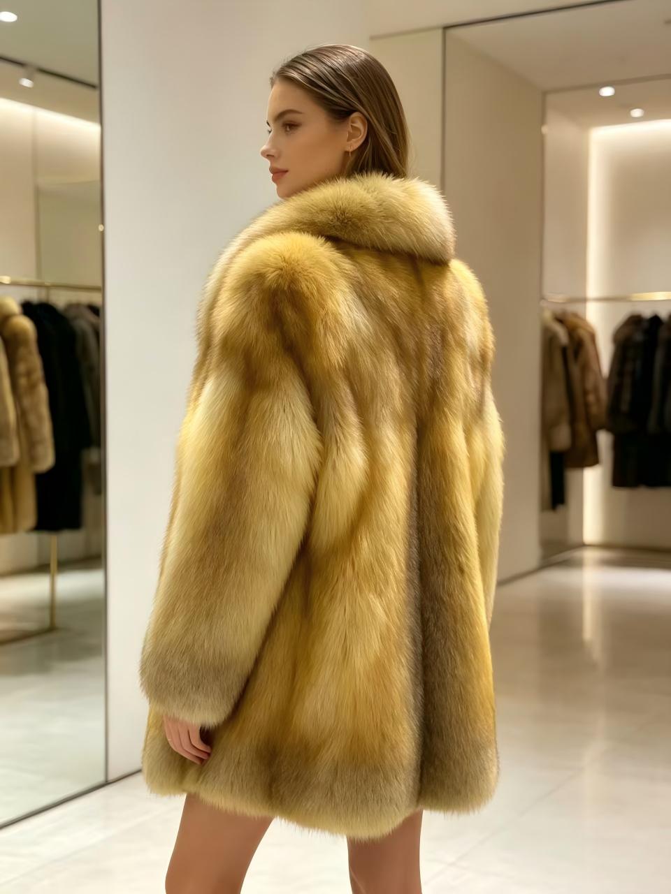 Vintage Golden Fox Fur Coat Women High-end Fluffy Real Fur Winter Party Coat