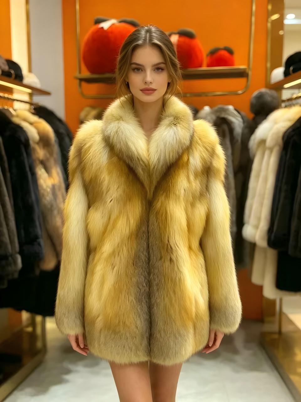 Vintage Golden Fox Fur Coat Women High-end Fluffy Real Fur Winter Party Coat