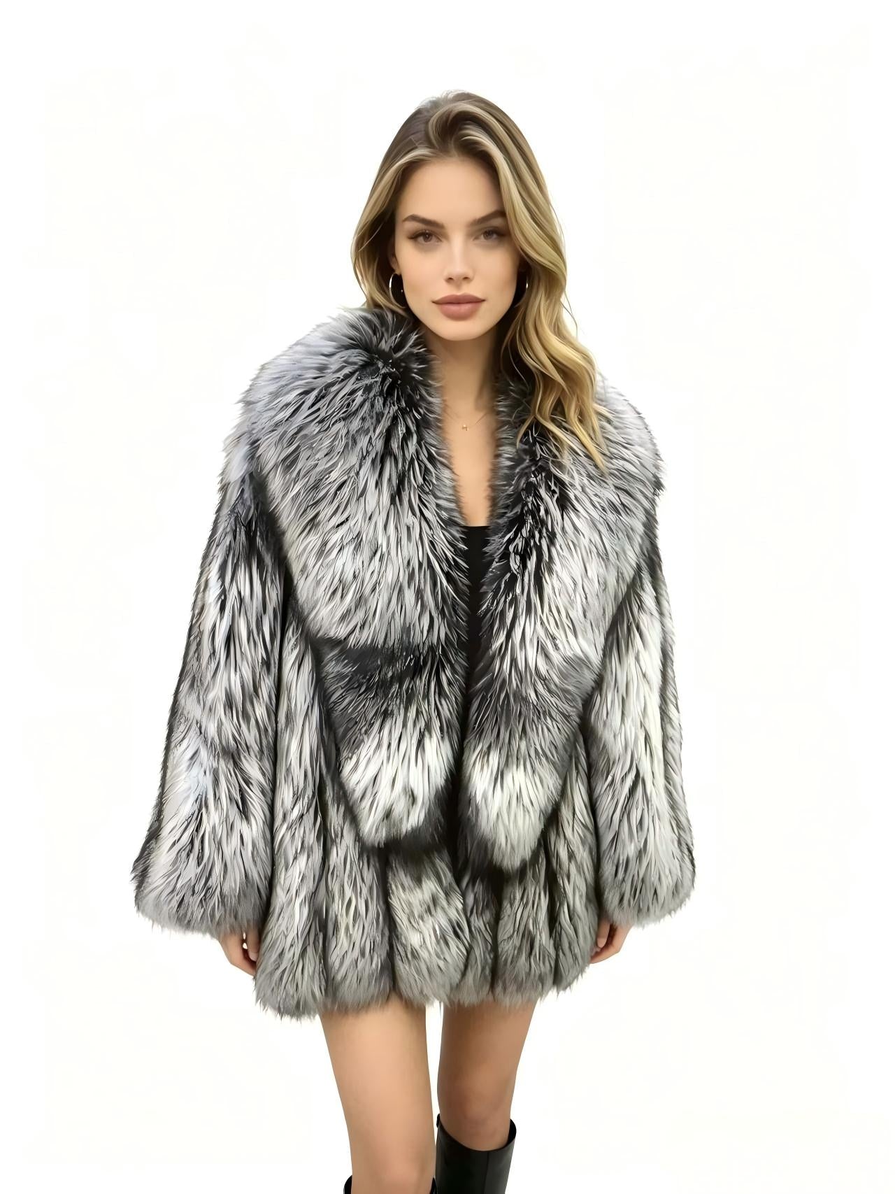 Natural Grey Finnish Fox Fur Overcoat Luxury Winter Outerwear
