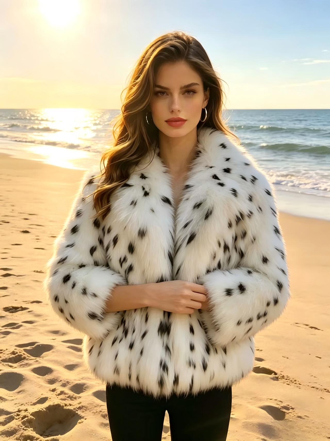 White Spotted Fox Fur Short Coat Luxury Women Winter Fur Jacket