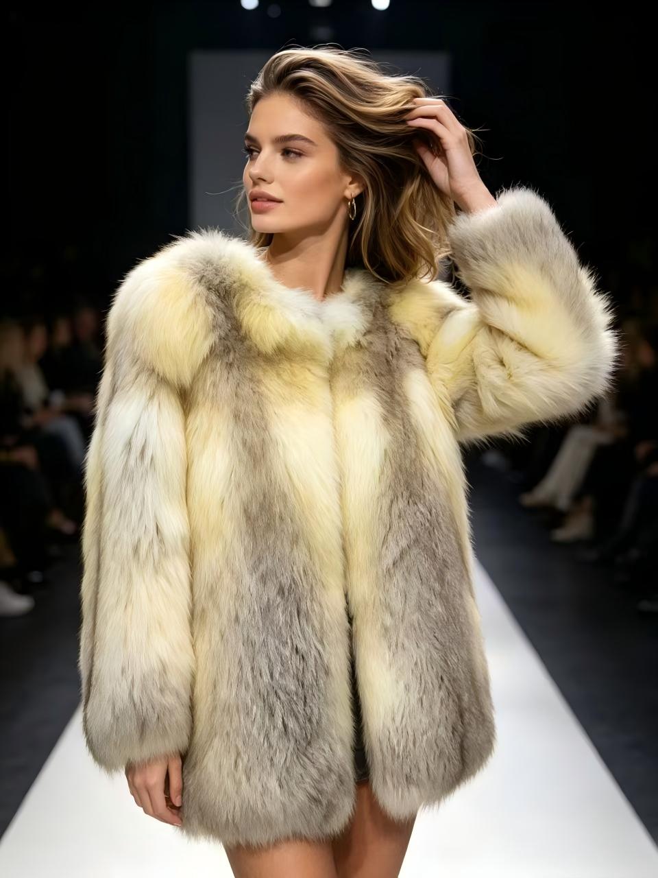 Gradient Yellow Full Fox Fur Coat Ladies Fluffy Warm Outerwear