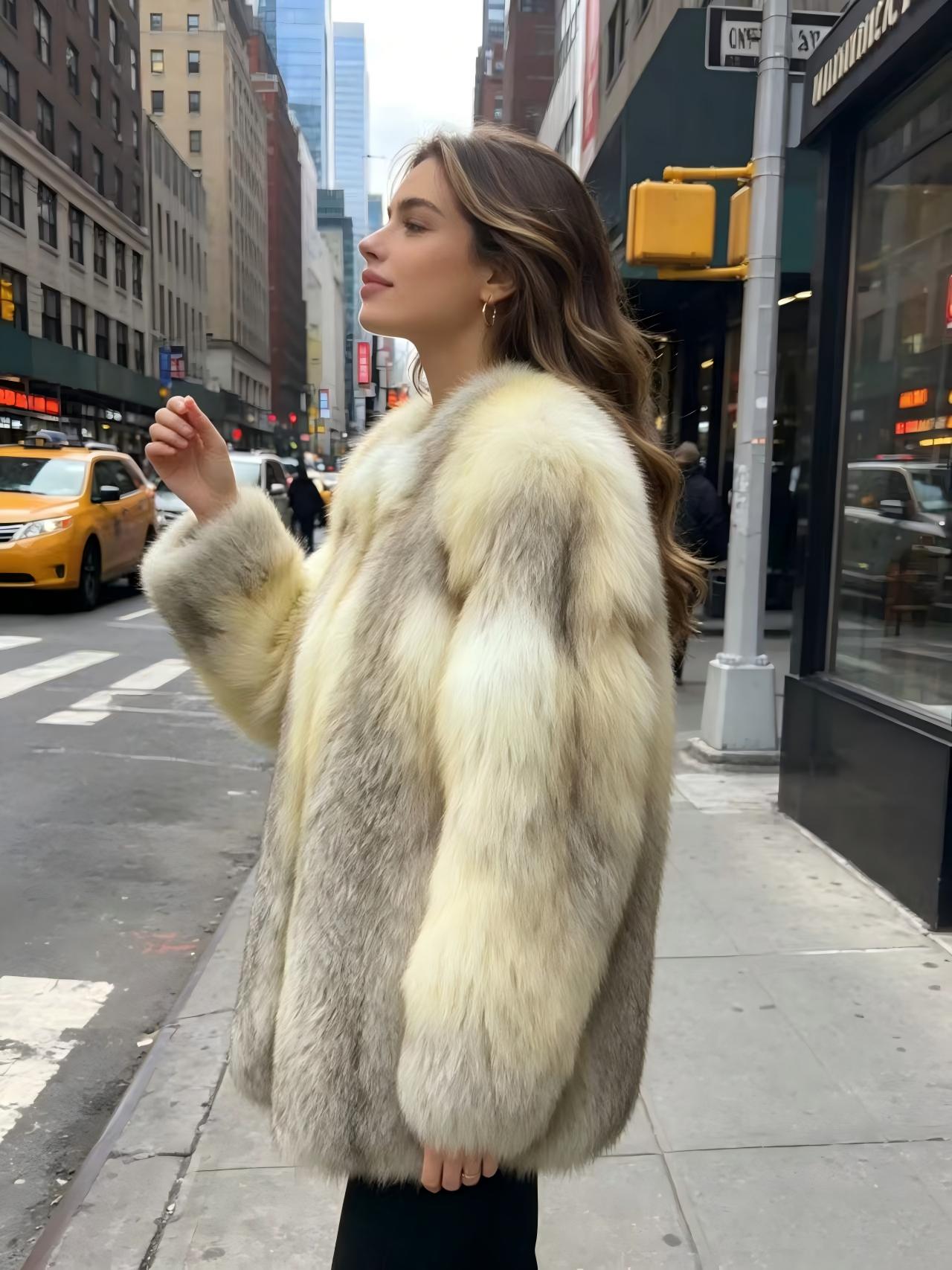 Gradient Yellow Full Fox Fur Coat Ladies Fluffy Warm Outerwear