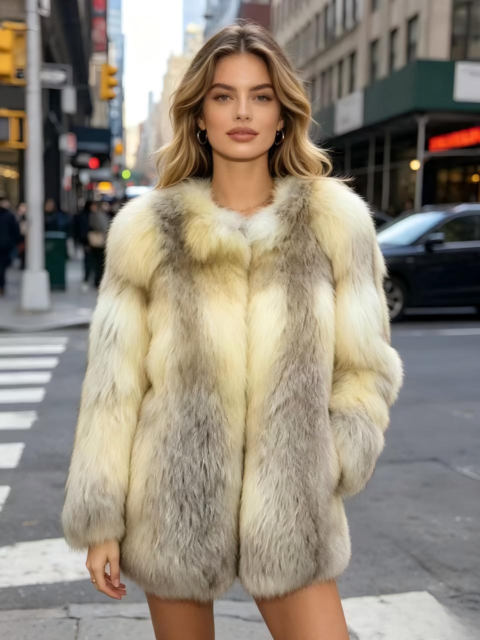 Gradient Yellow Full Fox Fur Coat Ladies Fluffy Warm Outerwear