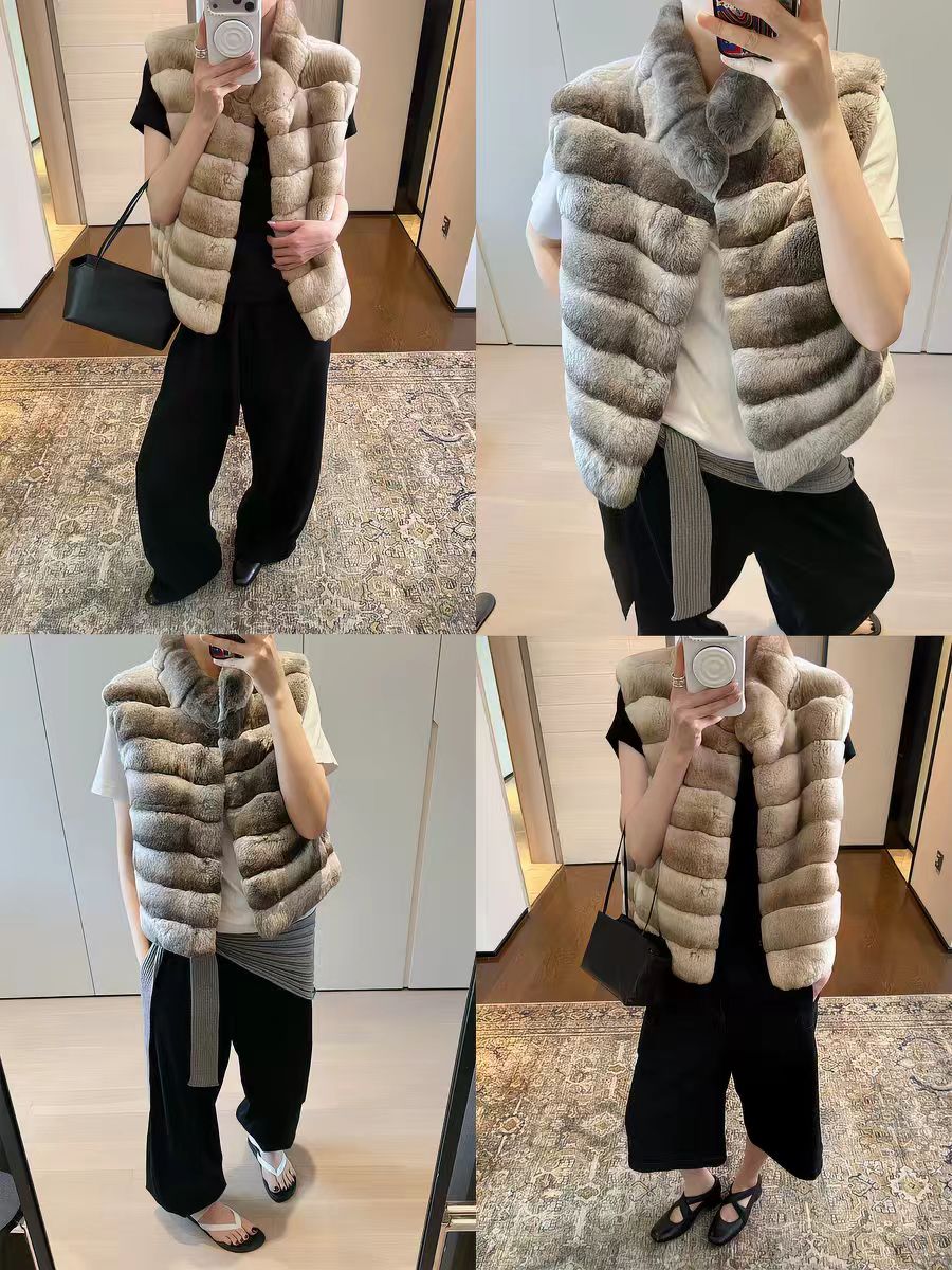 【YingFan2026Rex rabbit fur garment】Frost-tipped 5A-grade whole-pelt rex rabbit fur vest featuring a stand collar and horizontal leather-interspaced design.