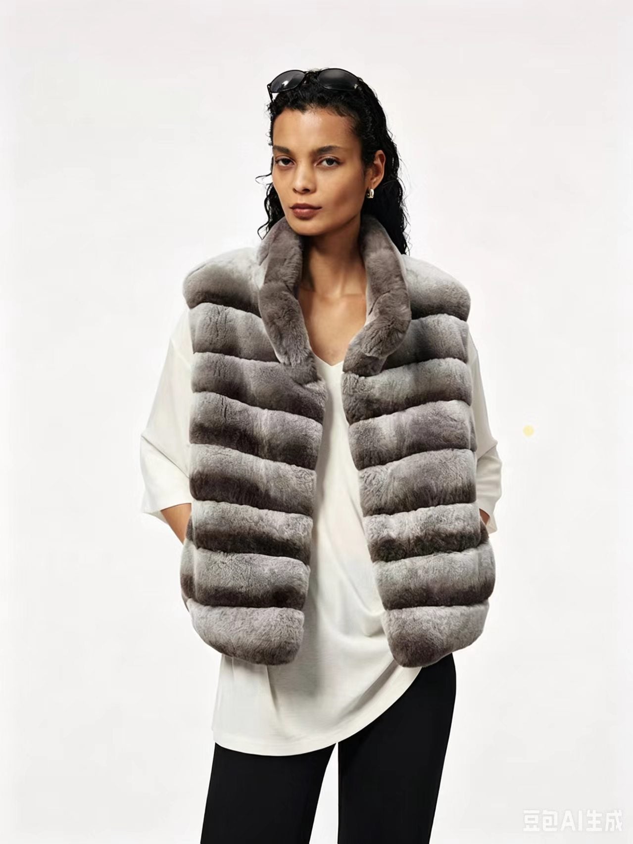 【YingFan2026Rex rabbit fur garment】Frost-tipped 5A-grade whole-pelt rex rabbit fur vest featuring a stand collar and horizontal leather-interspaced design.
