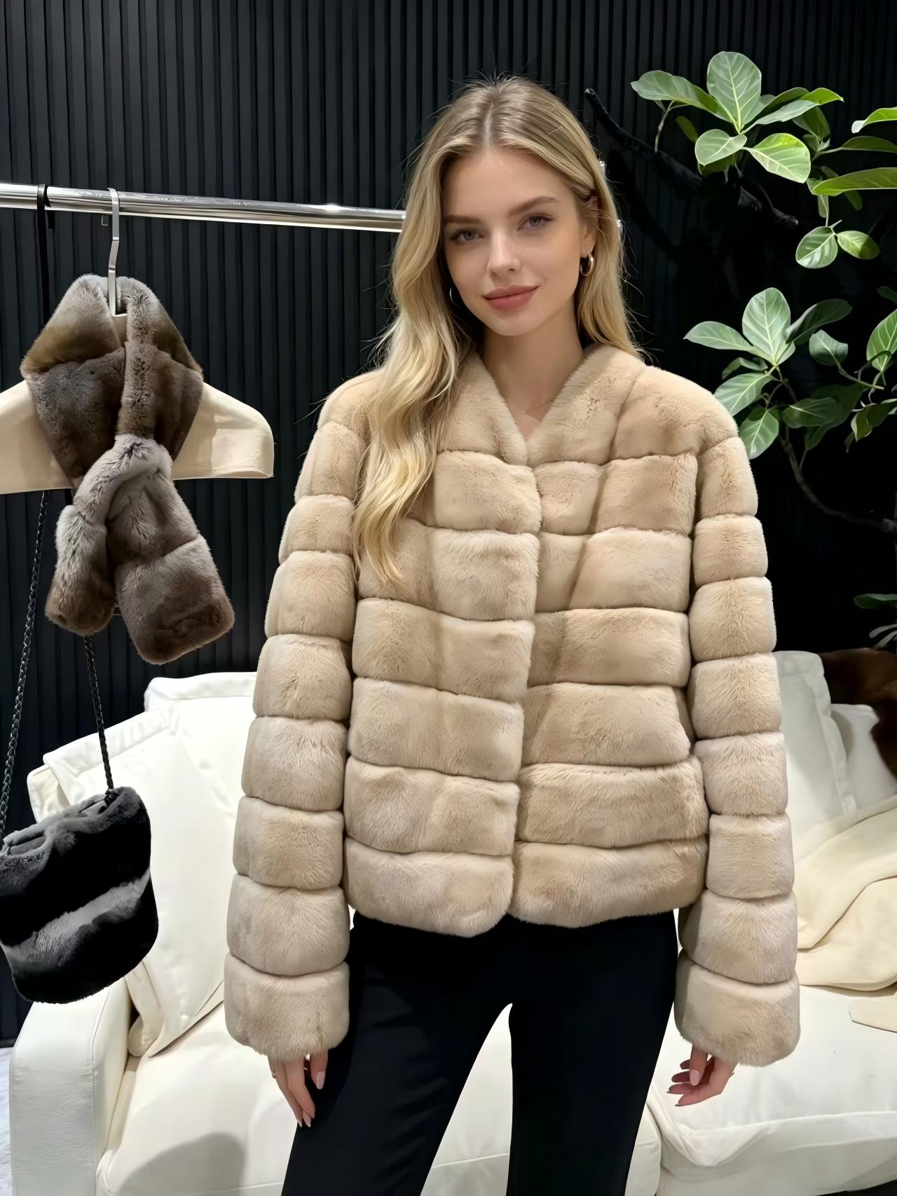 Women's Winter "Quiet Luxury" Style Milk-Tea Colored Rabbit Fur Jacket – Short, Plush, Stand-Collar Coat with Vertical & Horizontal Stripes (Figure-Flattering/Height-Enhancing)