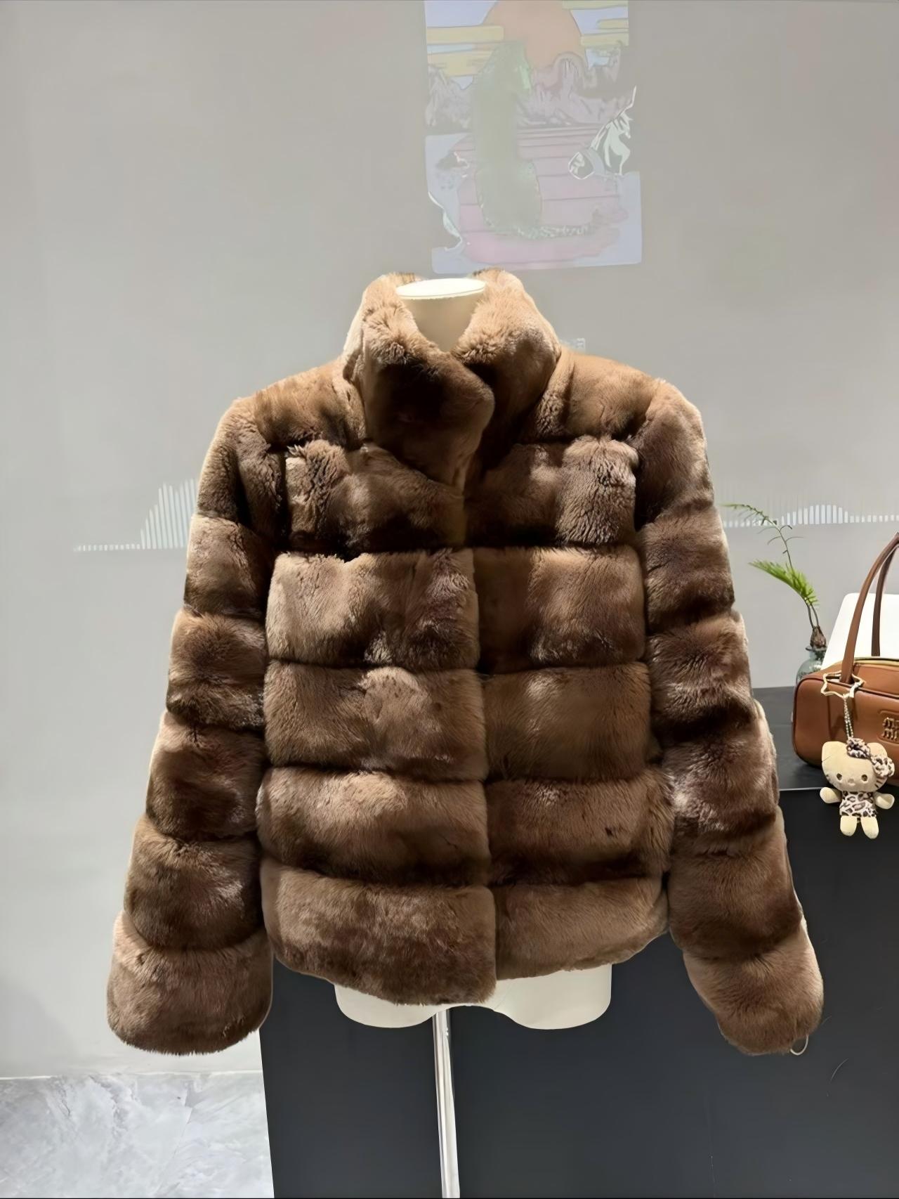 Retro chocolate-brown pieced rex rabbit fur jacket; a soft, plush, short-style coat featuring a minimalist stand collar that offers a sleek, non-bulky fit.