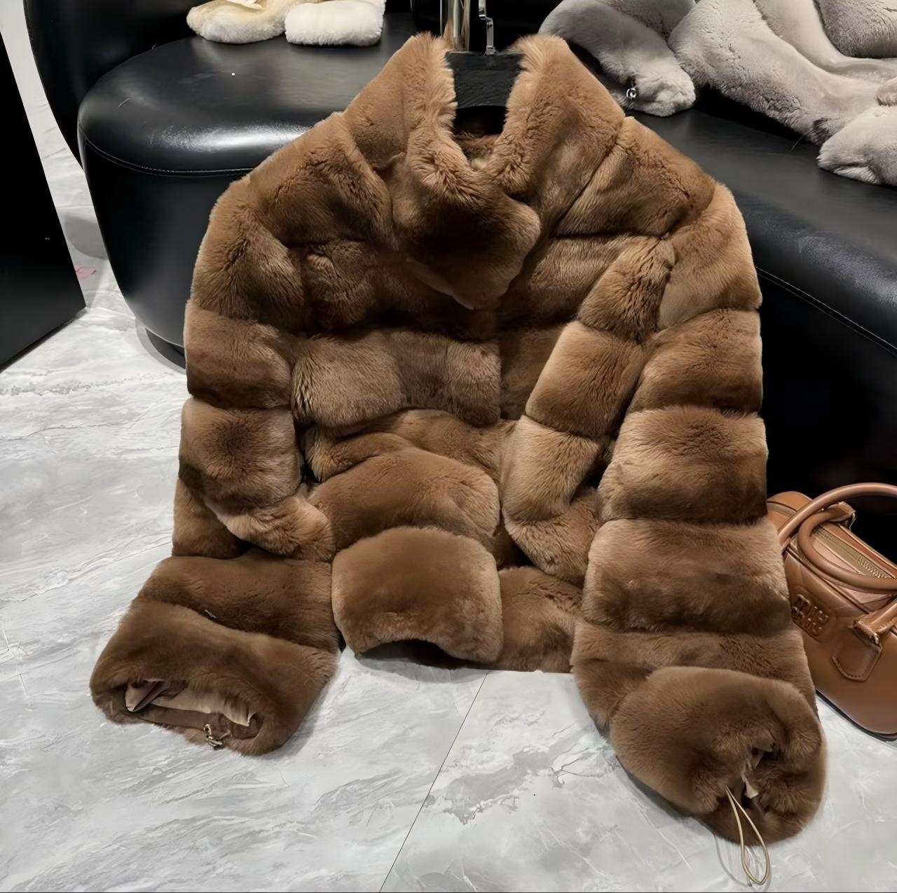 Retro chocolate-brown pieced rex rabbit fur jacket; a soft, plush, short-style coat featuring a minimalist stand collar that offers a sleek, non-bulky fit.
