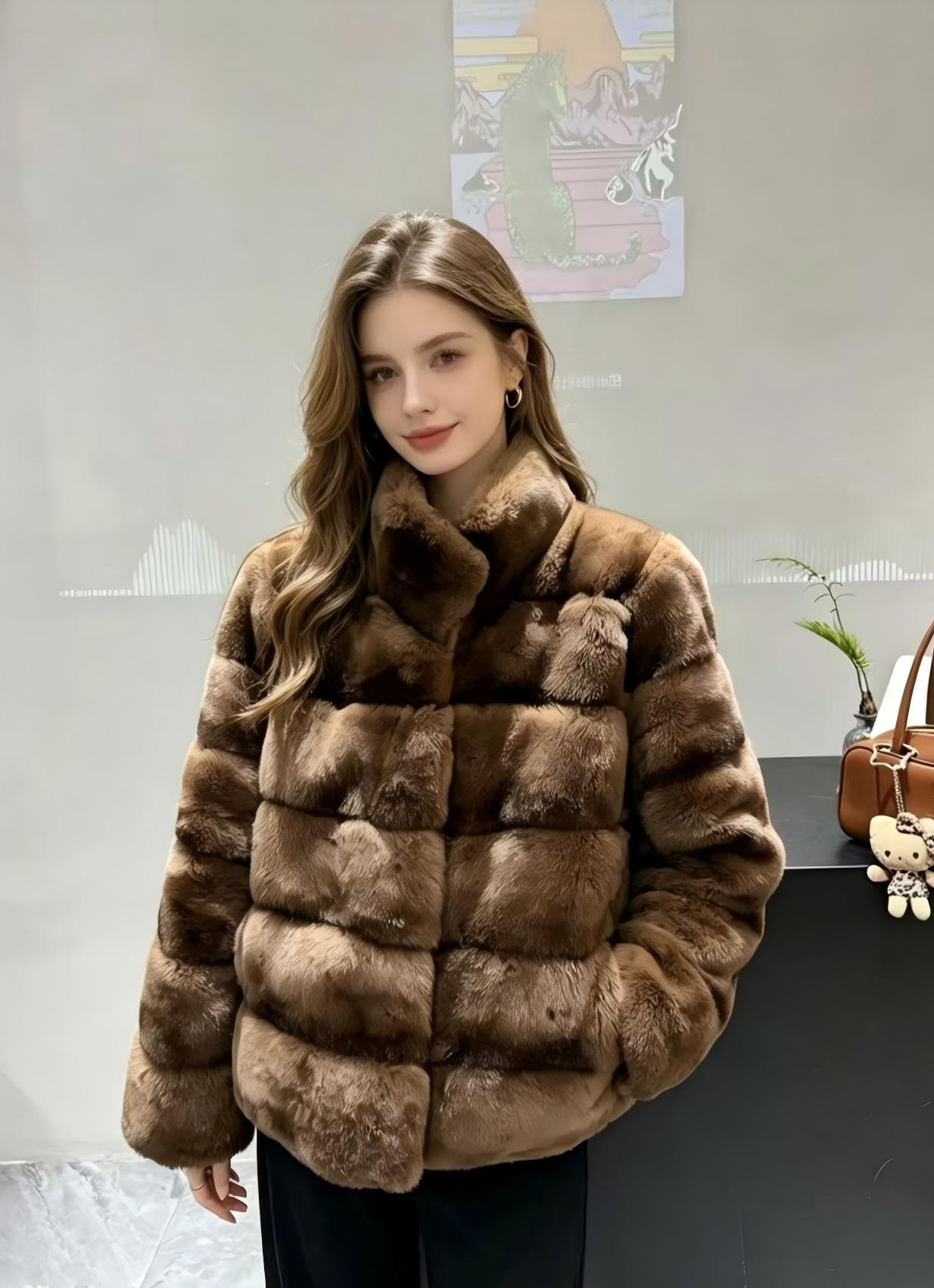 Retro chocolate-brown pieced rex rabbit fur jacket; a soft, plush, short-style coat featuring a minimalist stand collar that offers a sleek, non-bulky fit.