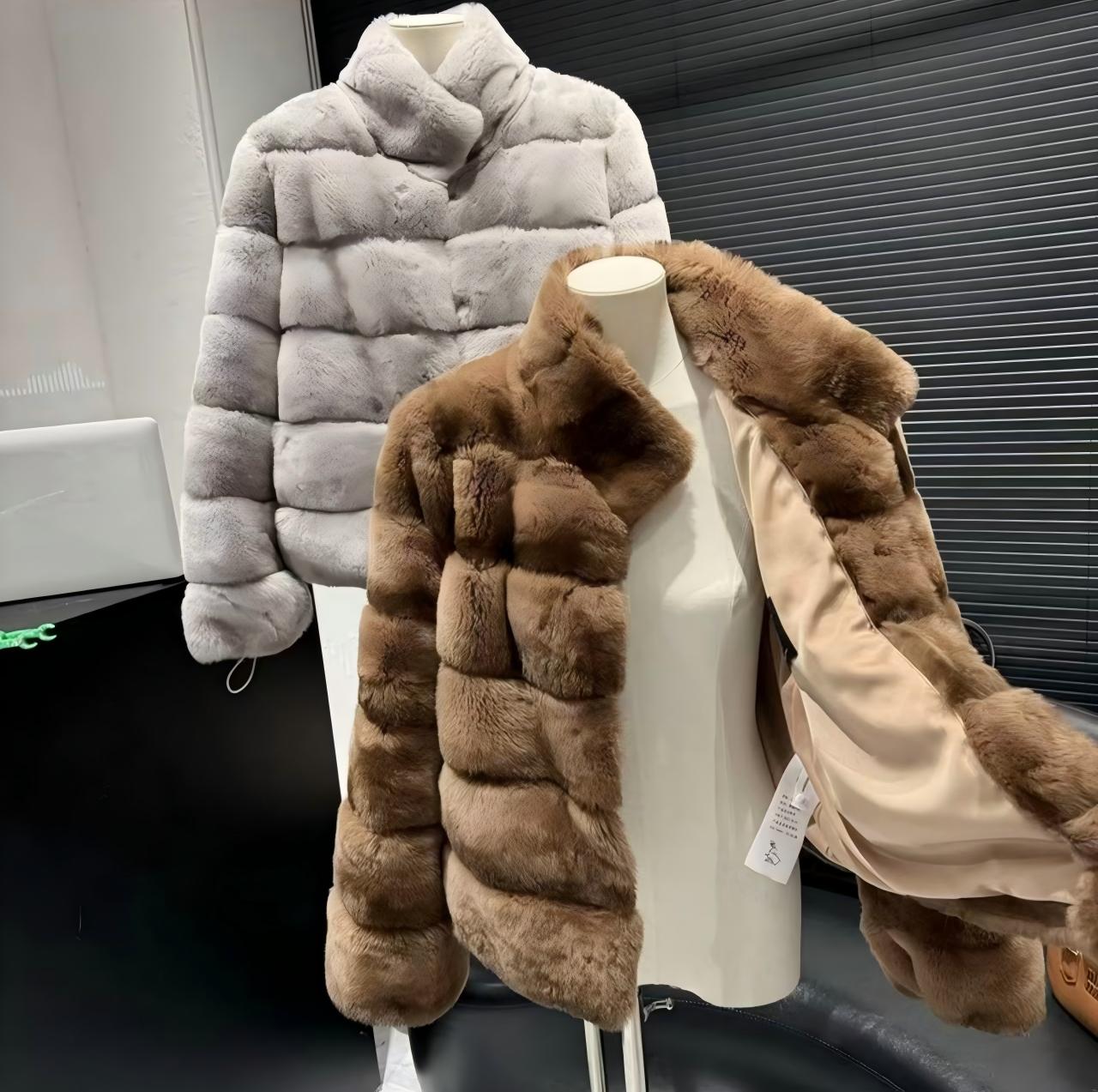 Retro chocolate-brown pieced rex rabbit fur jacket; a soft, plush, short-style coat featuring a minimalist stand collar that offers a sleek, non-bulky fit.