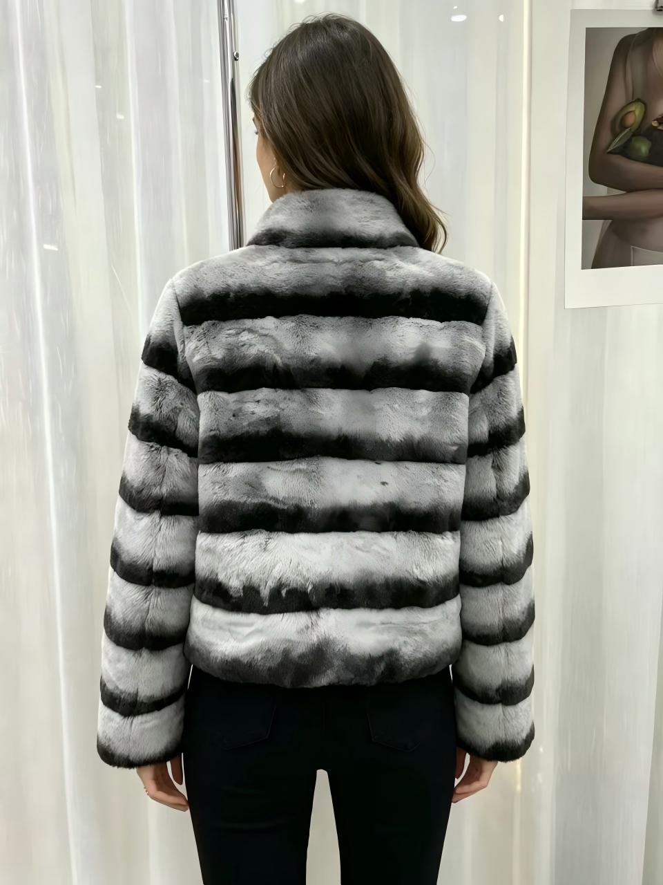 Premium Rex Rabbit Fur Coat with Chinchilla-Style Markings – Horizontal Panel Design, Stand Collar, Cropped Fit – Affordable Luxury Winter Outerwear