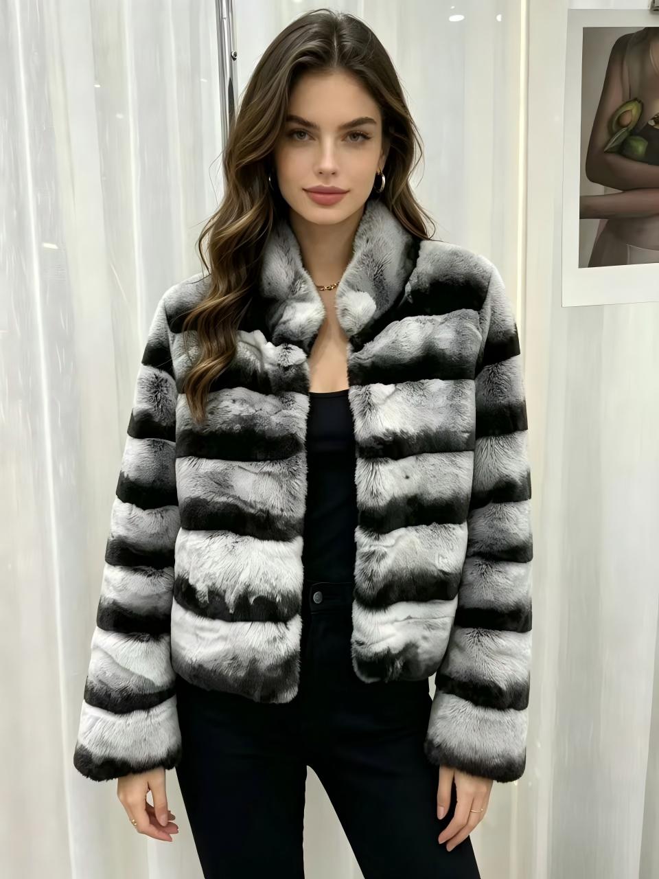 Premium Rex Rabbit Fur Coat with Chinchilla-Style Markings – Horizontal Panel Design, Stand Collar, Cropped Fit – Affordable Luxury Winter Outerwear