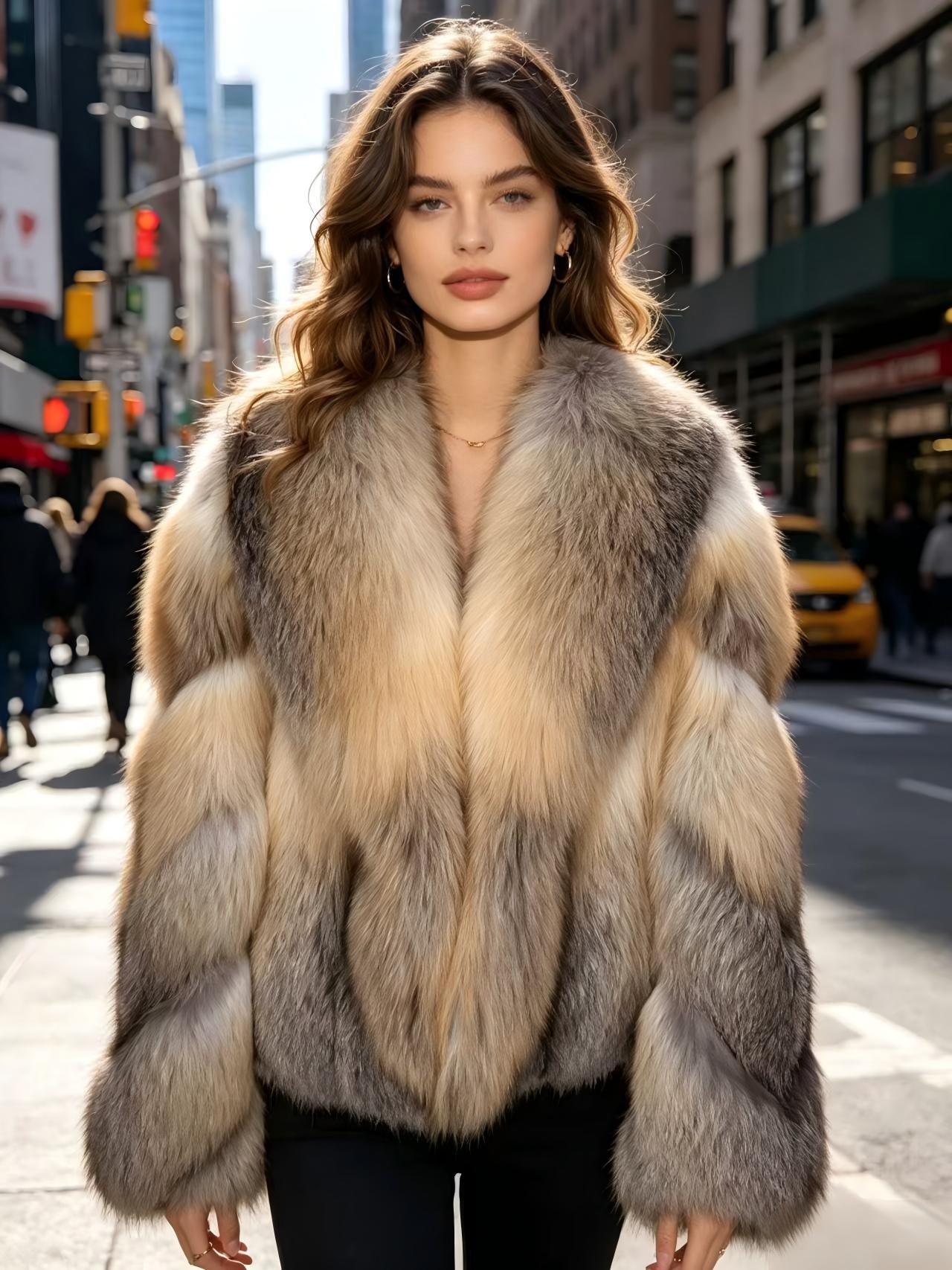 Vintage-style "Socialite" look short jacket in Golden Island Fox fur; features thick, warm, integrated whole-skin construction for winter wear.