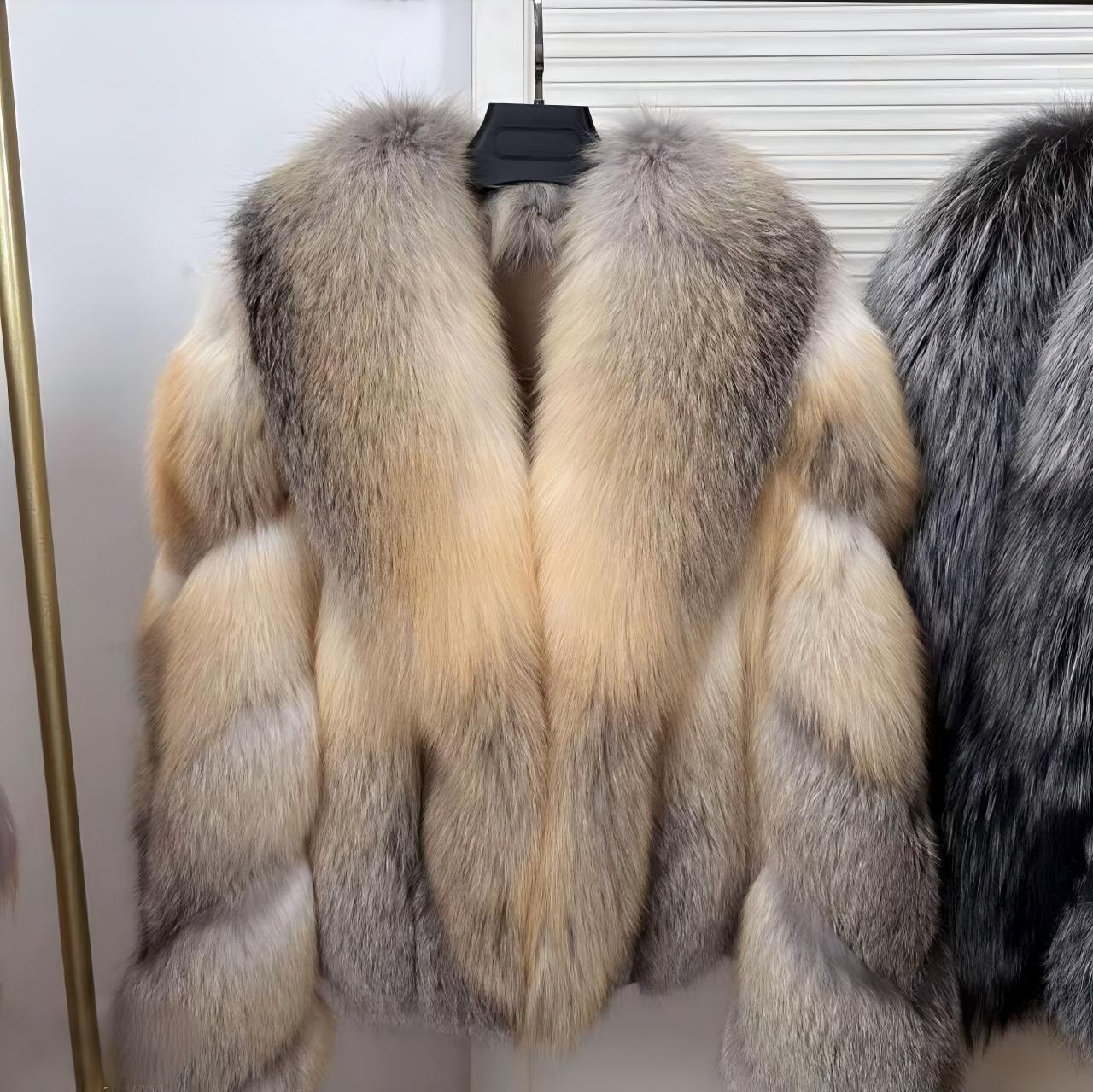 Vintage-style "Socialite" look short jacket in Golden Island Fox fur; features thick, warm, integrated whole-skin construction for winter wear.