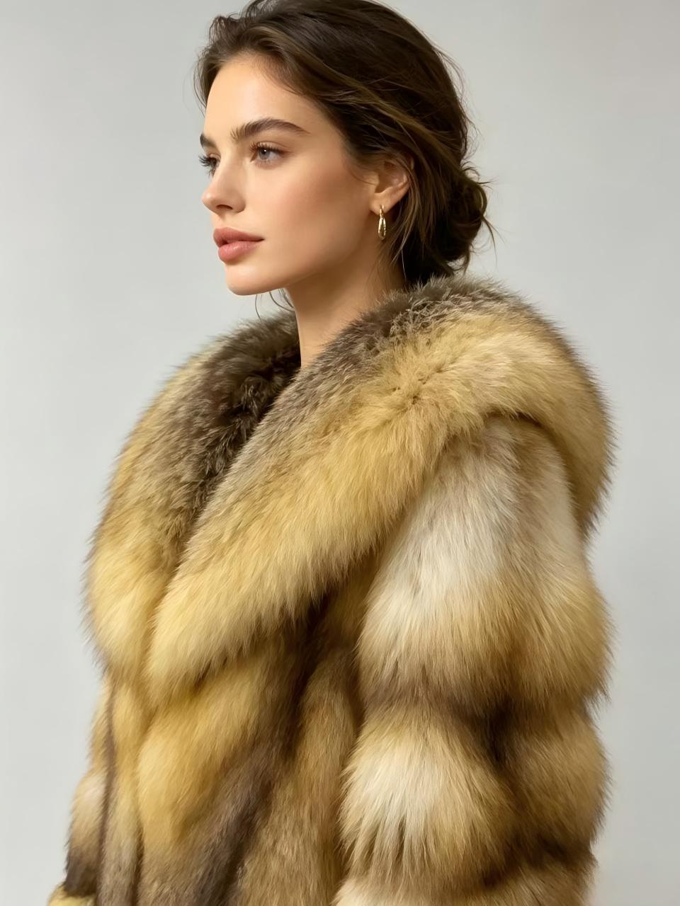 Vintage-style gradient gold fox fur jacket—a lightweight luxury winter piece featuring a deep V-neck, a loose fit with dropped shoulders for a slimming effect, and crafted from premium whole fox back pelts.