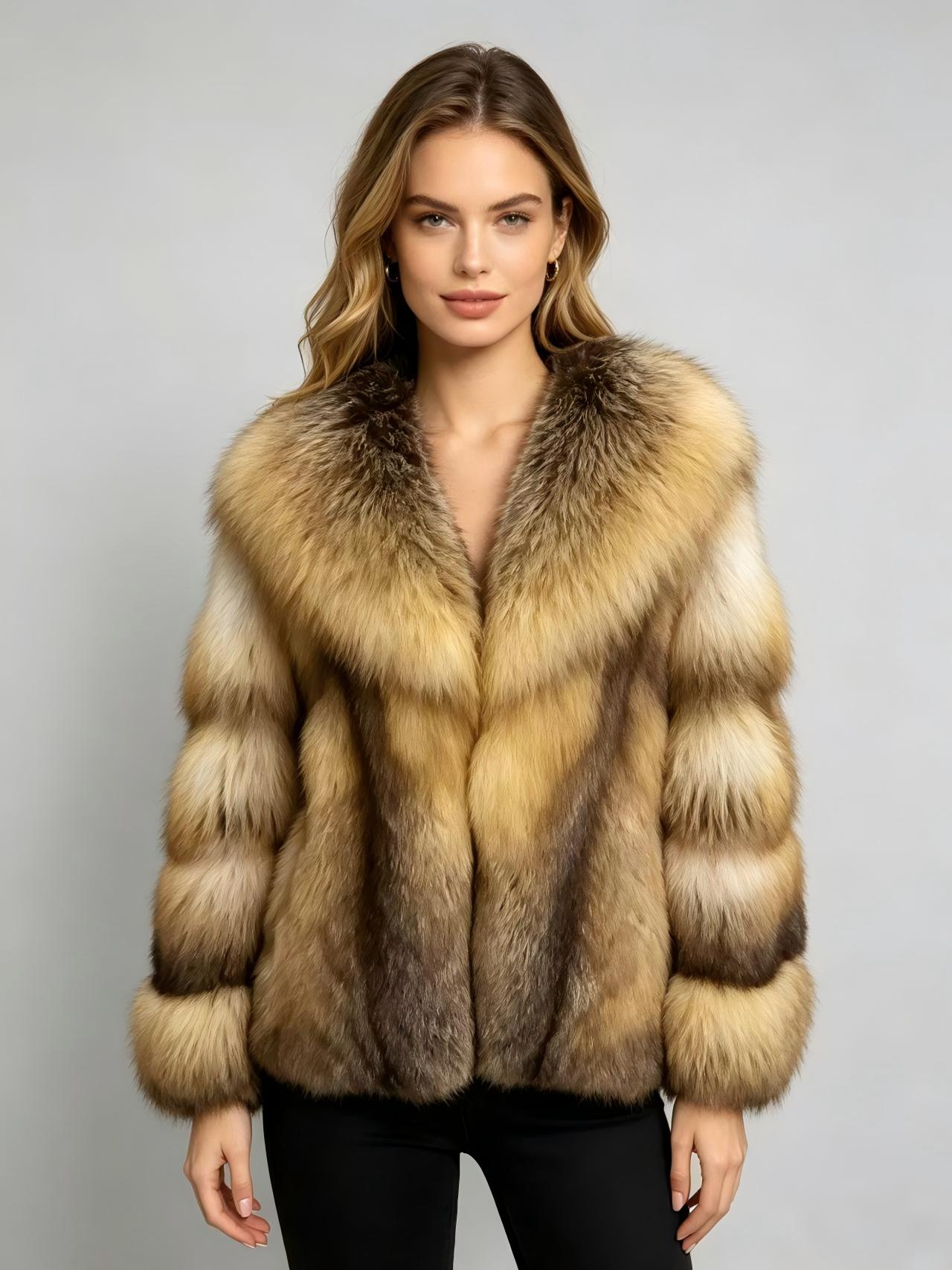 Vintage-style gradient gold fox fur jacket—a lightweight luxury winter piece featuring a deep V-neck, a loose fit with dropped shoulders for a slimming effect, and crafted from premium whole fox back pelts.