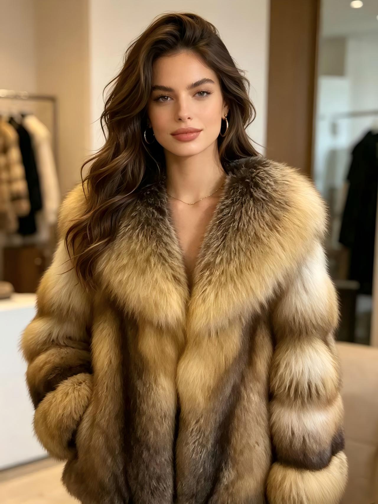 Vintage-style gradient gold fox fur jacket—a lightweight luxury winter piece featuring a deep V-neck, a loose fit with dropped shoulders for a slimming effect, and crafted from premium whole fox back pelts.