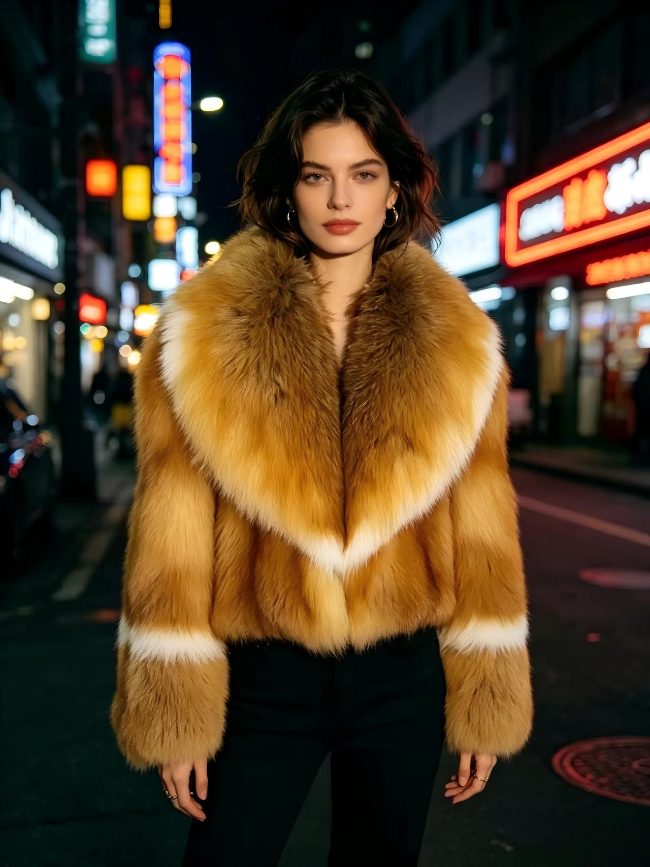 High-loft, ombre-gold fox fur cropped jacket; a warm, loose-fitting, dropped-shoulder fur coat with an affluent, high-society aesthetic.