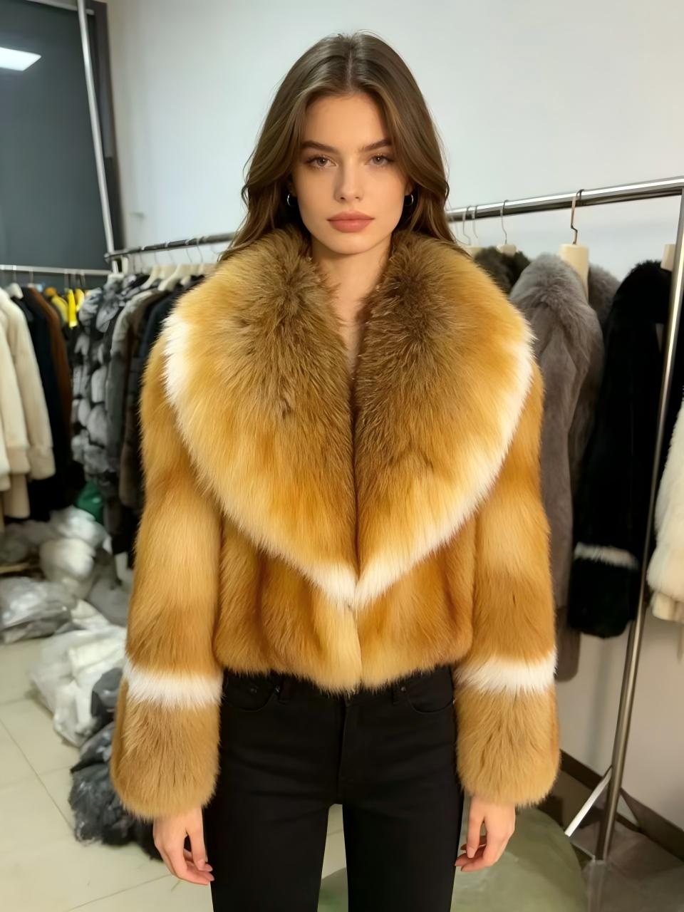 High-loft, ombre-gold fox fur cropped jacket; a warm, loose-fitting, dropped-shoulder fur coat with an affluent, high-society aesthetic.