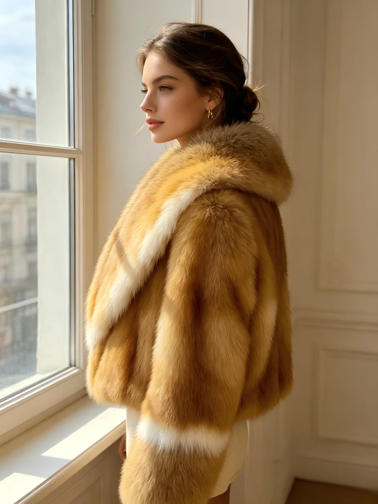 High-loft, ombre-gold fox fur cropped jacket; a warm, loose-fitting, dropped-shoulder fur coat with an affluent, high-society aesthetic.