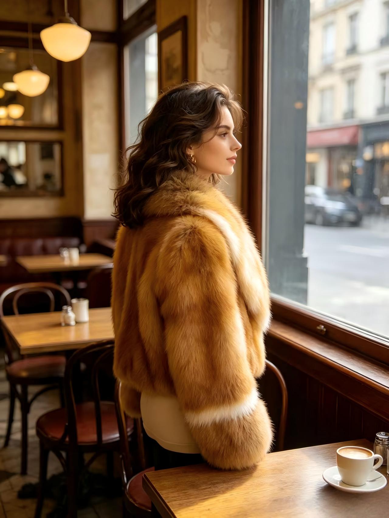 High-loft, ombre-gold fox fur cropped jacket; a warm, loose-fitting, dropped-shoulder fur coat with an affluent, high-society aesthetic.