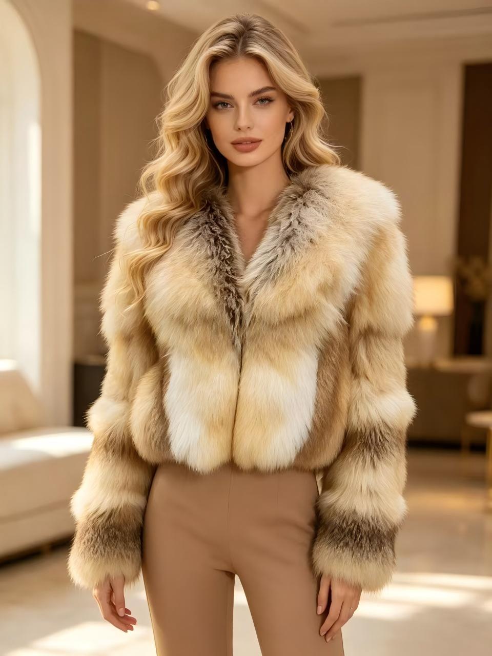 High-end natural gradient fox fur top; a chic, thick, cropped plush coat for a trendy Western-style look—perfect for winter.