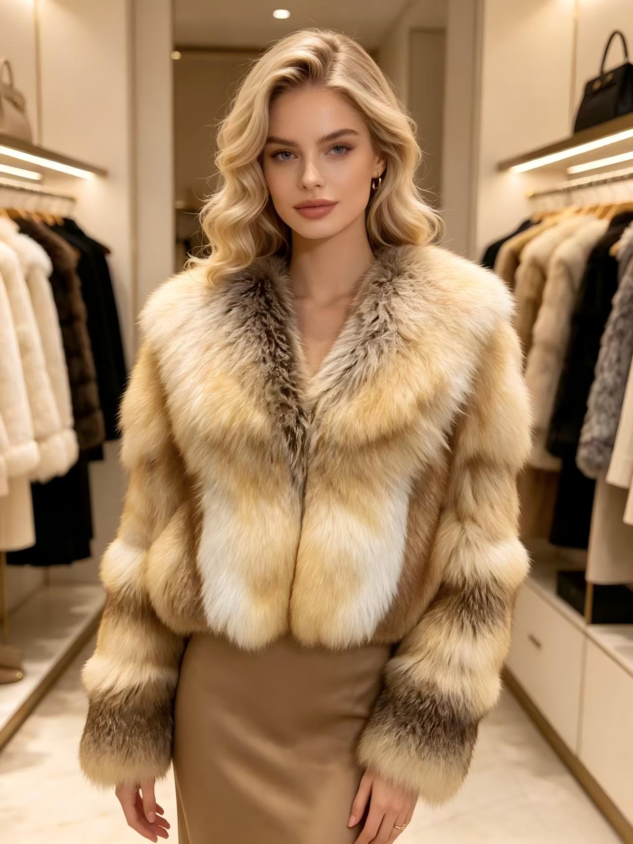 High-end natural gradient fox fur top; a chic, thick, cropped plush coat for a trendy Western-style look—perfect for winter.