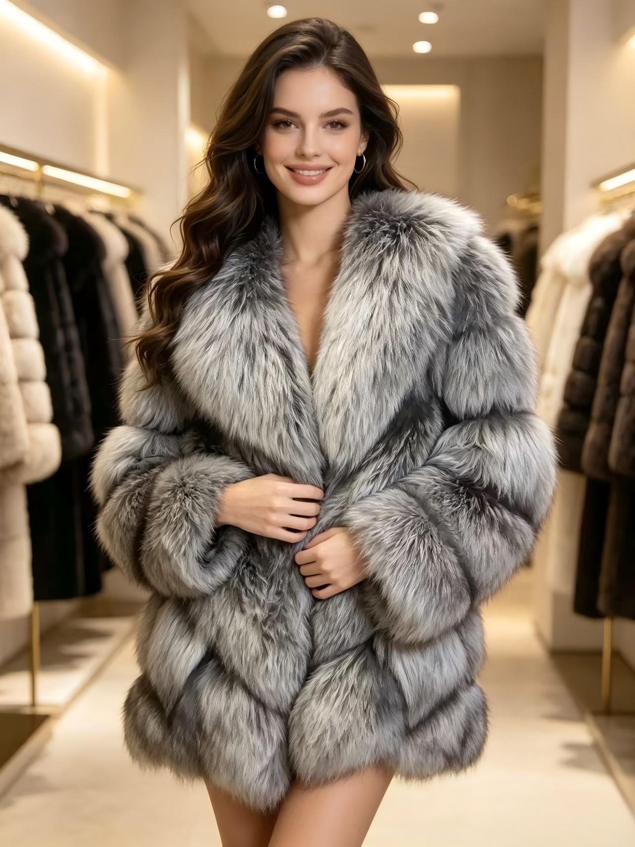 Women's cropped fur coat in natural silver-grey gradient fox fur; features a deep V-notch collar and a slimming cut crafted from whole-skin fox fur.