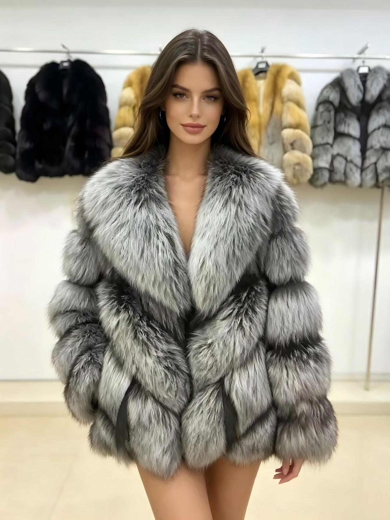 Women's cropped fur coat in natural silver-grey gradient fox fur; features a deep V-notch collar and a slimming cut crafted from whole-skin fox fur.