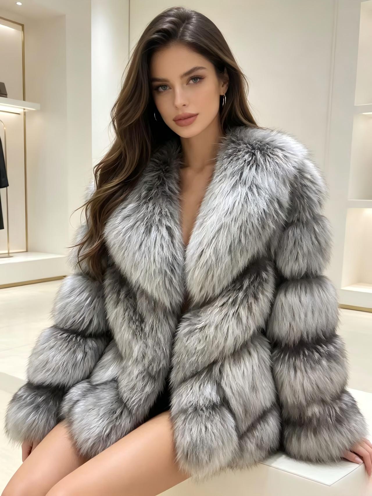 Women's cropped fur coat in natural silver-grey gradient fox fur; features a deep V-notch collar and a slimming cut crafted from whole-skin fox fur.