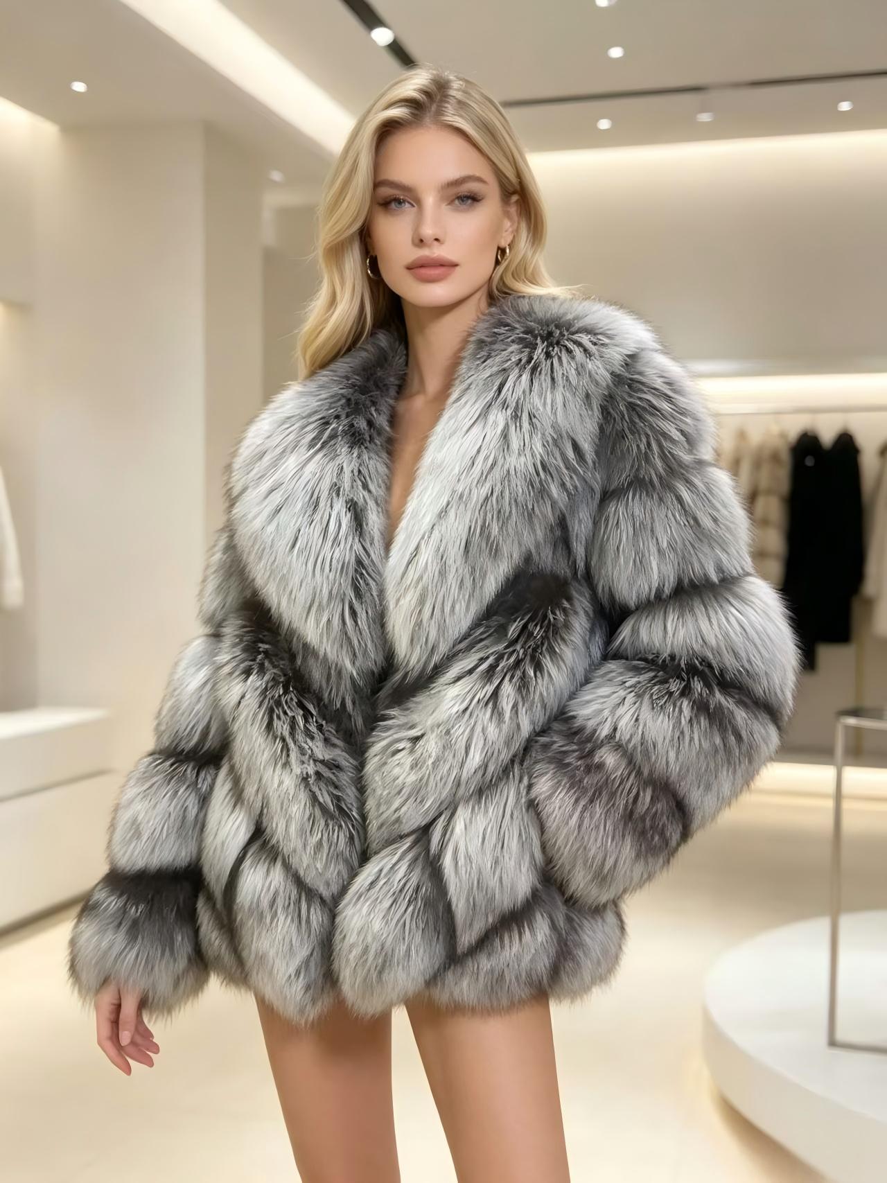Women's cropped fur coat in natural silver-grey gradient fox fur; features a deep V-notch collar and a slimming cut crafted from whole-skin fox fur.