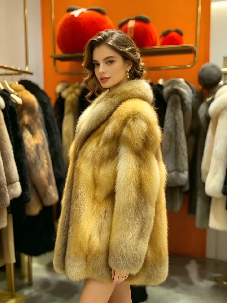 Vintage Golden Fox Fur Coat Women High-end Fluffy Real Fur Winter Party Coat