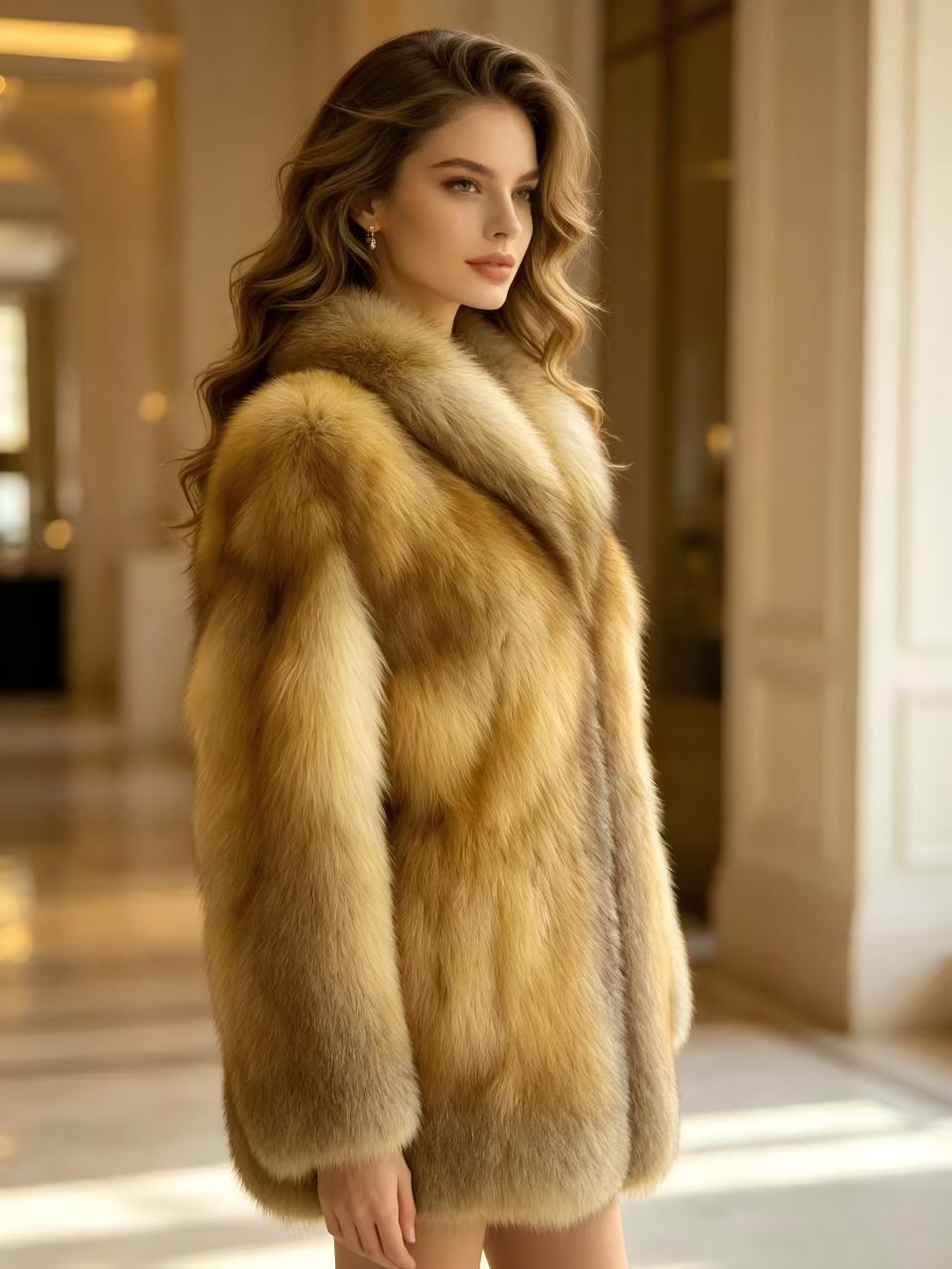 Vintage Golden Fox Fur Coat Women High-end Fluffy Real Fur Winter Party Coat