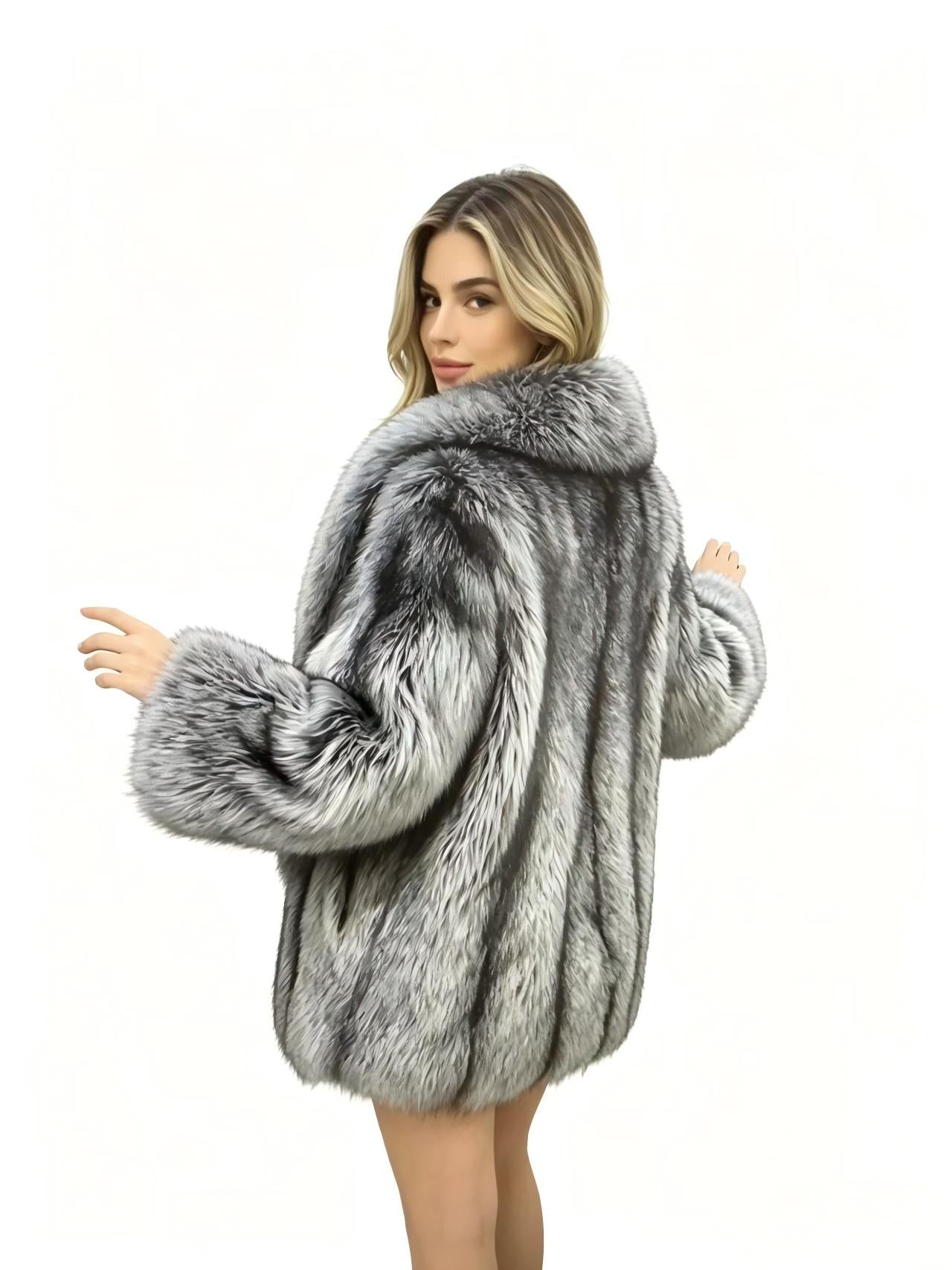 Natural Grey Finnish Fox Fur Overcoat Luxury Winter Outerwear