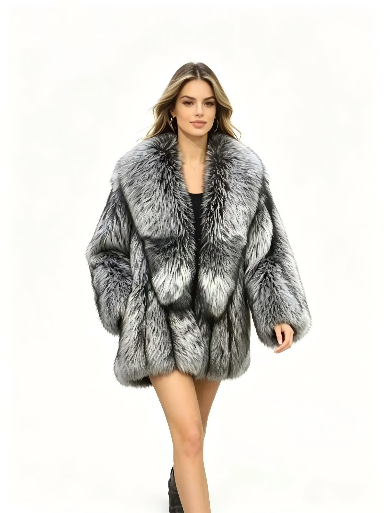Natural Grey Finnish Fox Fur Overcoat Luxury Winter Outerwear